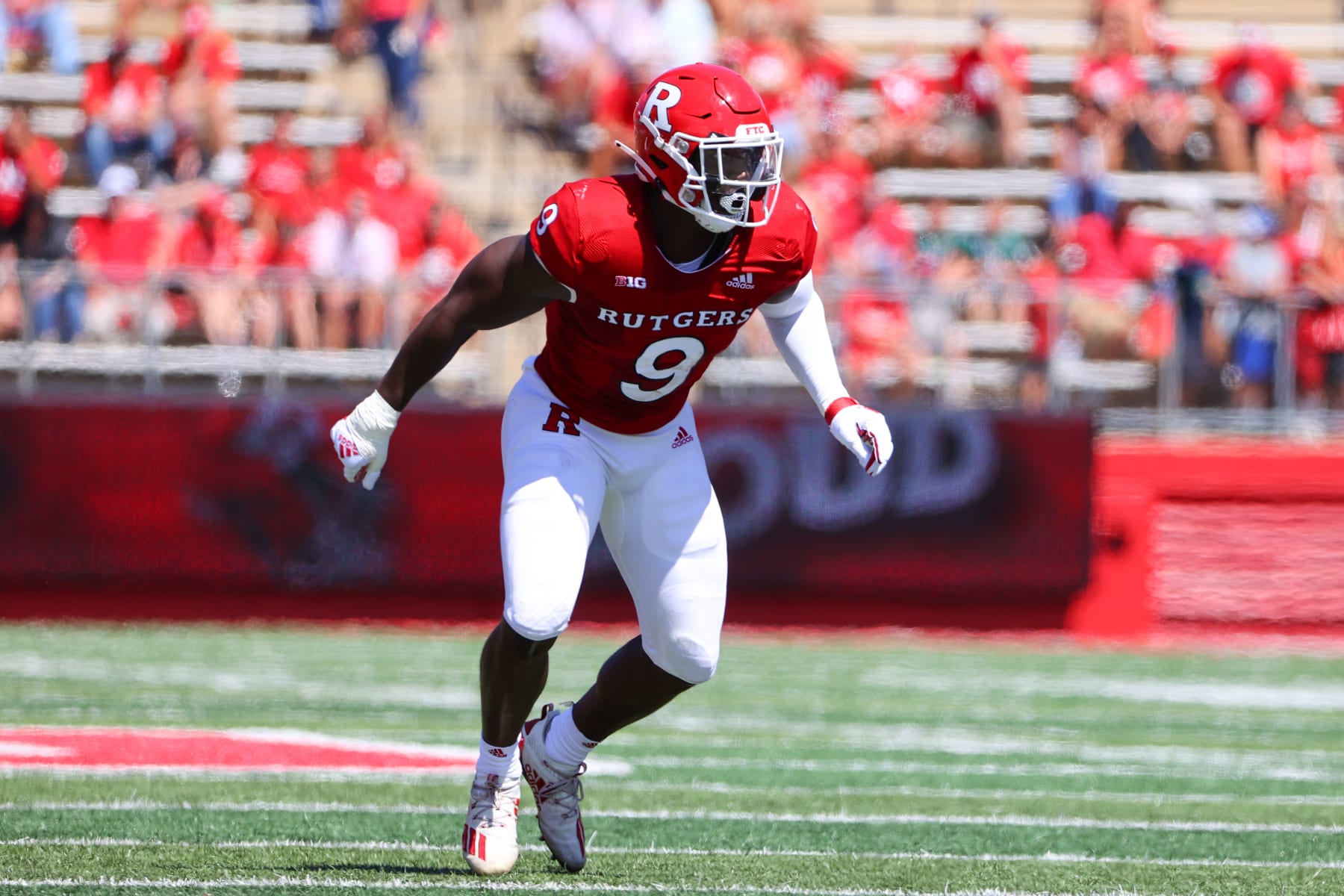 PISCATAWAY, NJ - SEPTEMBER 04: Rutgers Scarlet Knights linebacker Tyreek Maddox-Williams (9) during the college football game between the Rutgers Scarlet Knights and the Temple Owls on September 4, 2021 at SHI Stadium in Piscataway, NJ. (Photo by Rich Graessle/Icon Sportswire via Getty Images)