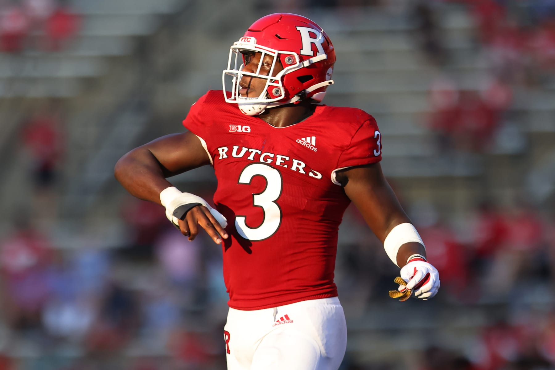 PISCATAWAY, NJ - SEPTEMBER 18: Olakunle Fatukasi #3 of the Rutgers Scarlet Knights in action against the Delaware Blue Hens during a college football game at SHI Stadium on September 18, 2021 in Piscataway, New Jersey. Rutgers defeated Delaware 45-13. (Photo by Rich Schultz/Getty Images)