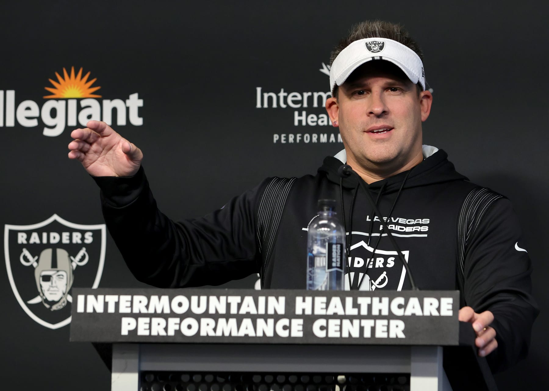 HENDERSON, NEVADA - JULY 21: Head coach Josh McDaniels of the Las Vegas Raiders speaks at a news conference during training camp at the Las Vegas Raiders Headquarters/Intermountain Healthcare Performance Center on July 21, 2022 in Henderson, Nevada. (Photo by Ethan Miller/Getty Images)