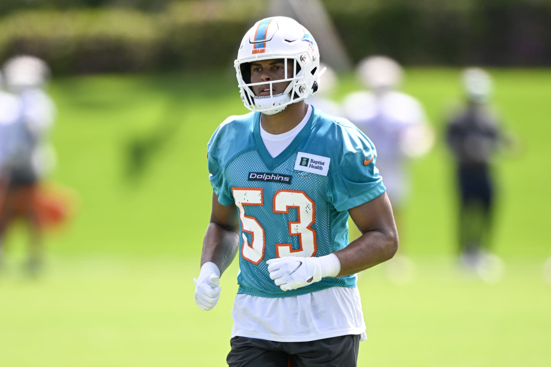 DAVIE, FL - JUNE 01: Miami Dolphins linebacker Cameron Goode (53) jogs during the first mandatory  minicamp at the Baptist Health Training Complex on June 1, 2022, in Miami Gardens, Florida. (Photo by Doug Murray/Icon Sportswire via Getty Images)