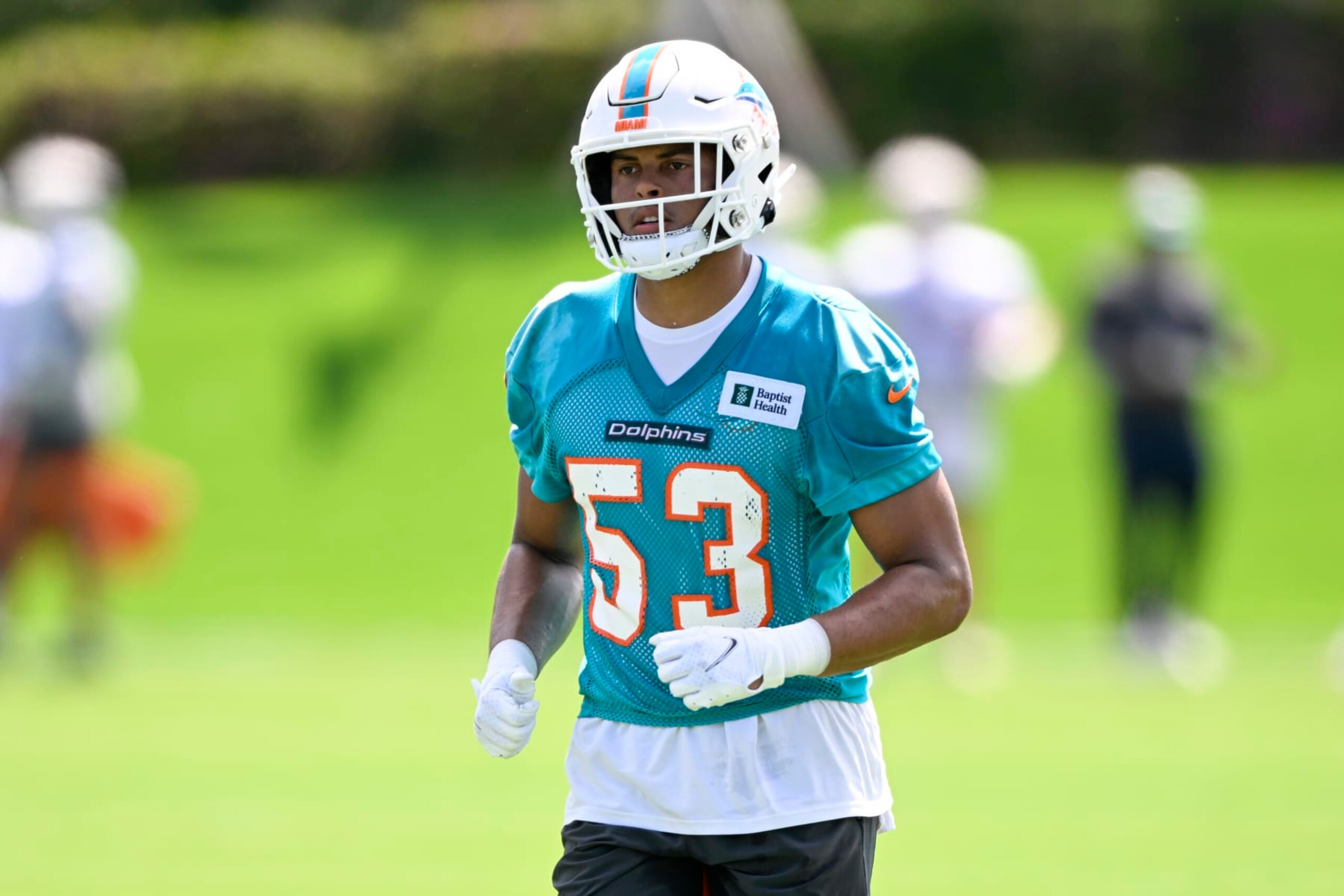 DAVIE, FL - JUNE 01: Miami Dolphins linebacker Cameron Goode (53) jogs during the first mandatory  minicamp at the Baptist Health Training Complex on June 1, 2022, in Miami Gardens, Florida. (Photo by Doug Murray/Icon Sportswire via Getty Images)