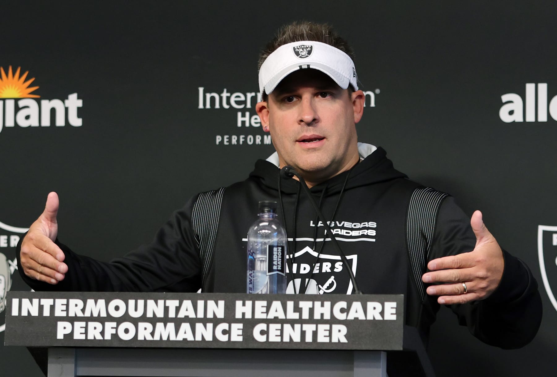 HENDERSON, NEVADA - JULY 21: Head coach Josh McDaniels of the Las Vegas Raiders speaks at a news conference during training camp at the Las Vegas Raiders Headquarters/Intermountain Healthcare Performance Center on July 21, 2022 in Henderson, Nevada. (Photo by Ethan Miller/Getty Images)