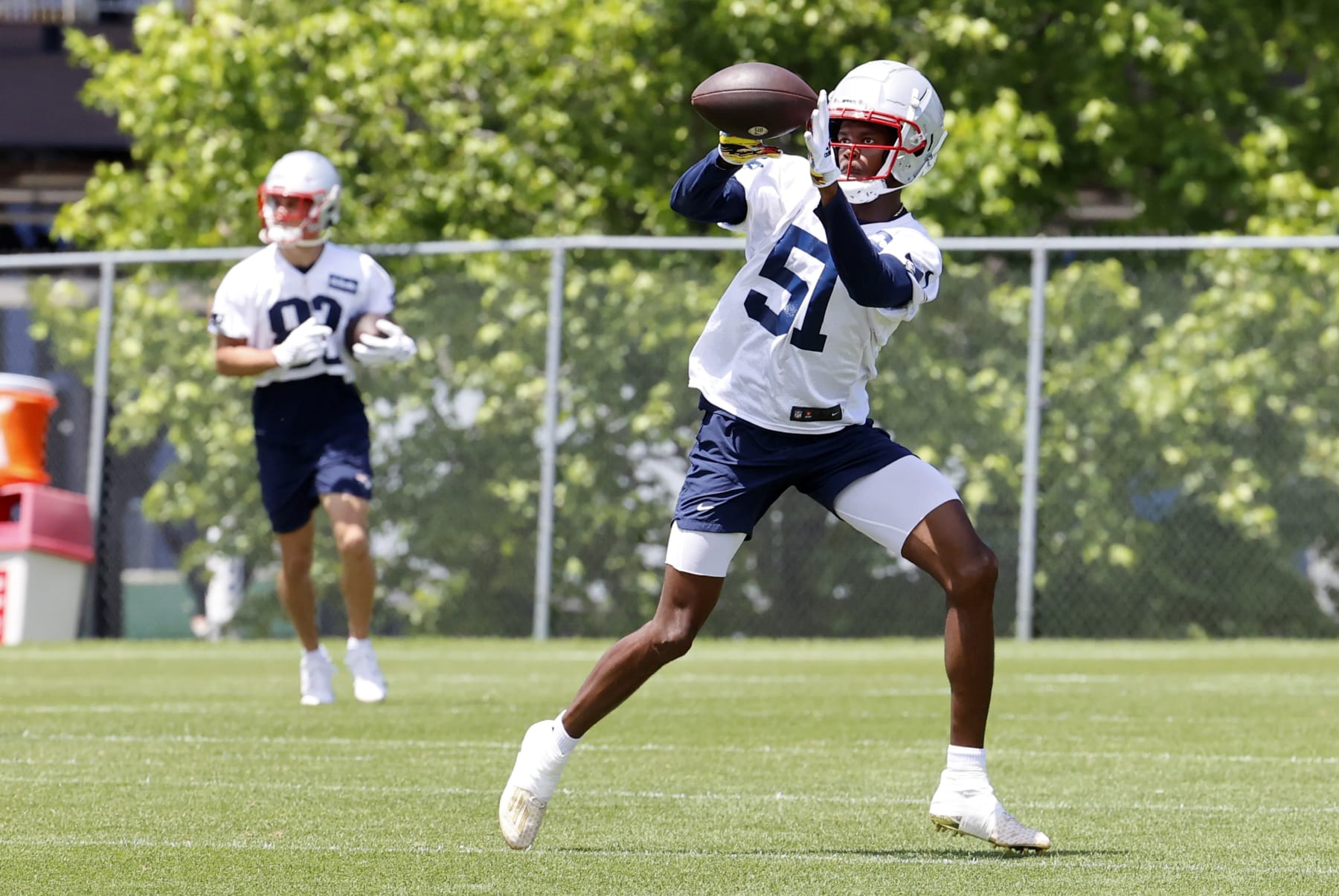 FOXBOROUGH, MA - JUNE 08: New England Patriots wide receiver Tyquan Thornton (51) makes a catch during Day 2 of mandatory New England Patriots minicamp on June 8, 2022, at the Patriots Training Facility at Gillette Stadium in Foxborough, Massachusetts. (Photo by Fred Kfoury III/Icon Sportswire via Getty Images)