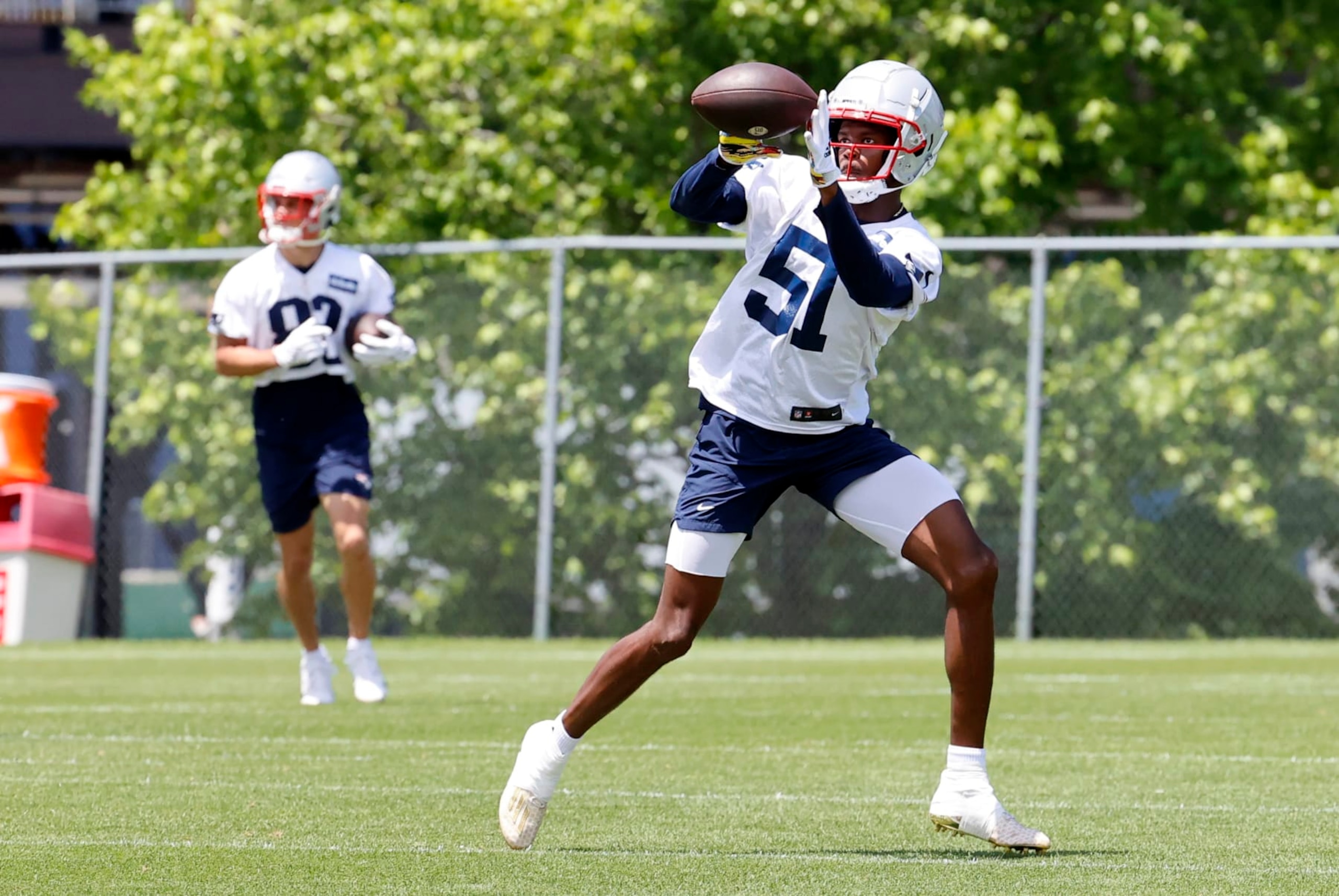FOXBOROUGH, MA - JUNE 08: New England Patriots wide receiver Tyquan Thornton (51) makes a catch during Day 2 of mandatory New England Patriots minicamp on June 8, 2022, at the Patriots Training Facility at Gillette Stadium in Foxborough, Massachusetts. (Photo by Fred Kfoury III/Icon Sportswire via Getty Images)