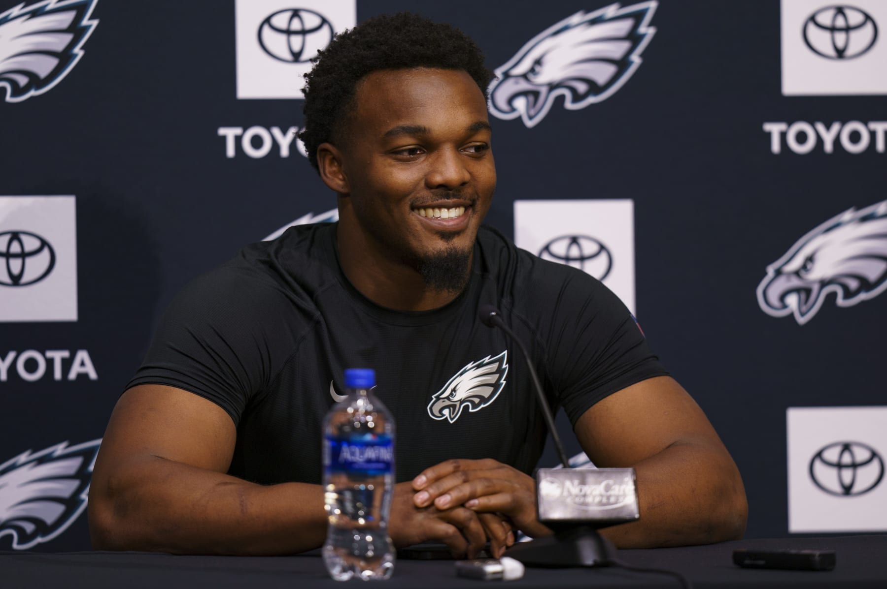 Philadelphia Eagles' Nakobe Dean talks to the media during at NFL Rookie Minicamp, Friday, May 6, 2022, in Philadelphia. (AP Photo/Christopher Szagola)