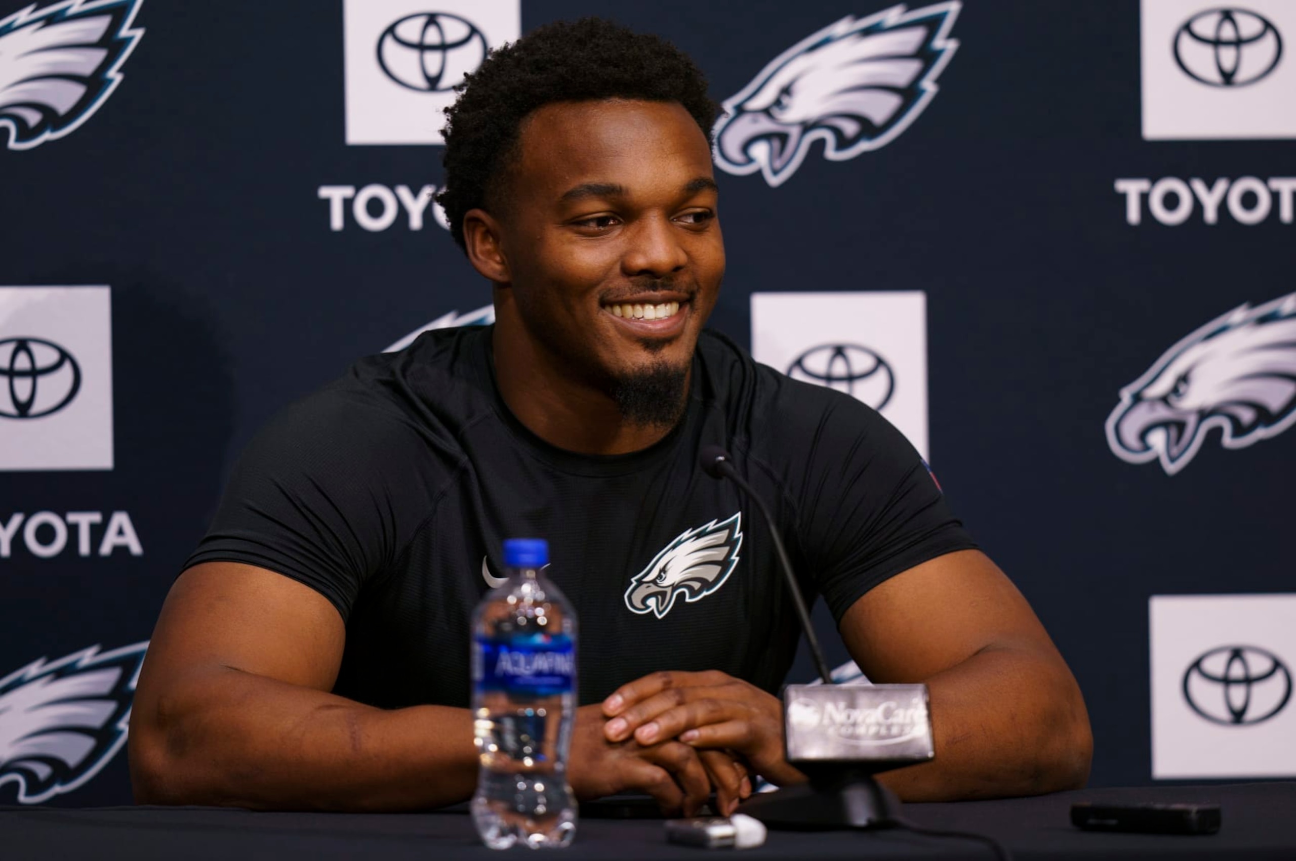 Philadelphia Eagles' Nakobe Dean talks to the media during at NFL Rookie Minicamp, Friday, May 6, 2022, in Philadelphia. (AP Photo/Christopher Szagola)