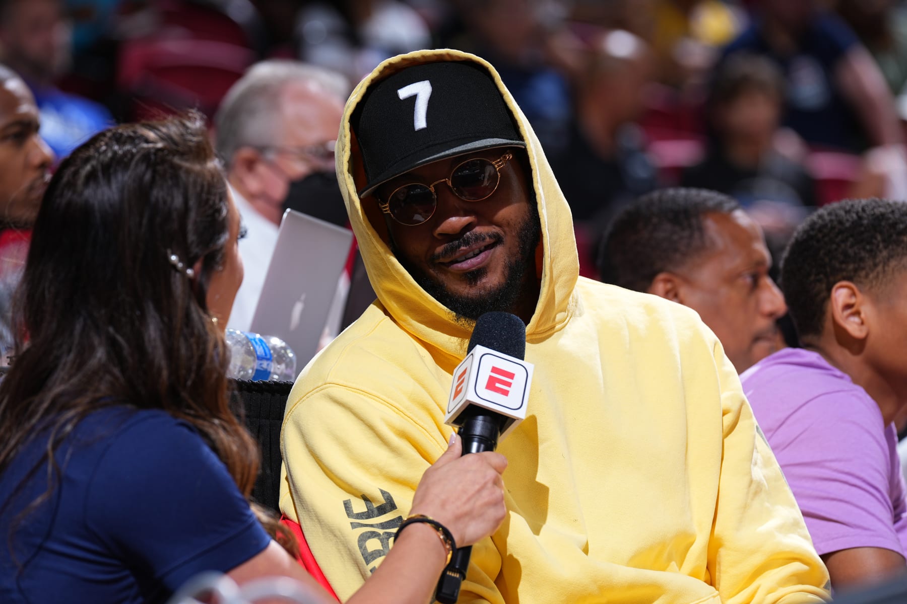 Las Vegas, NV - JULY 11: Carmelo Anthony of the Los Angeles Lakers interviews during the 2022 Summer League on July 11, 2022 at the Thomas & Mack Center in Las Vegas, Nevada. NOTE TO USER: User expressly acknowledges and agrees that, by downloading and/or using this Photograph, user is consenting to the terms and conditions of the Getty Images License Agreement. Mandatory Copyright Notice: Copyright 2022 NBAE (Photo by Garrett Ellwood/NBAE via Getty Images)