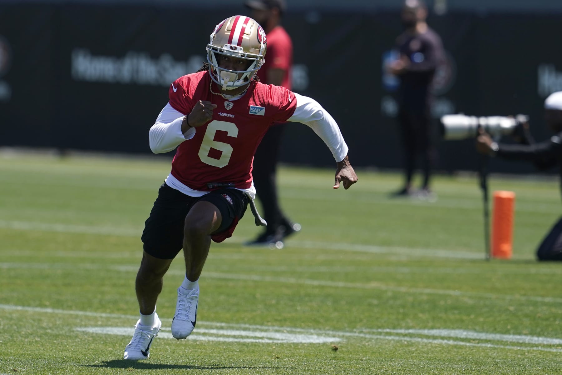 San Francisco 49ers wide receiver Marcus Johnson (6) takes part in drills at the NFL football team's practice facility in Santa Clara, Calif., Tuesday, May 24, 2022. (AP Photo/Jeff Chiu)