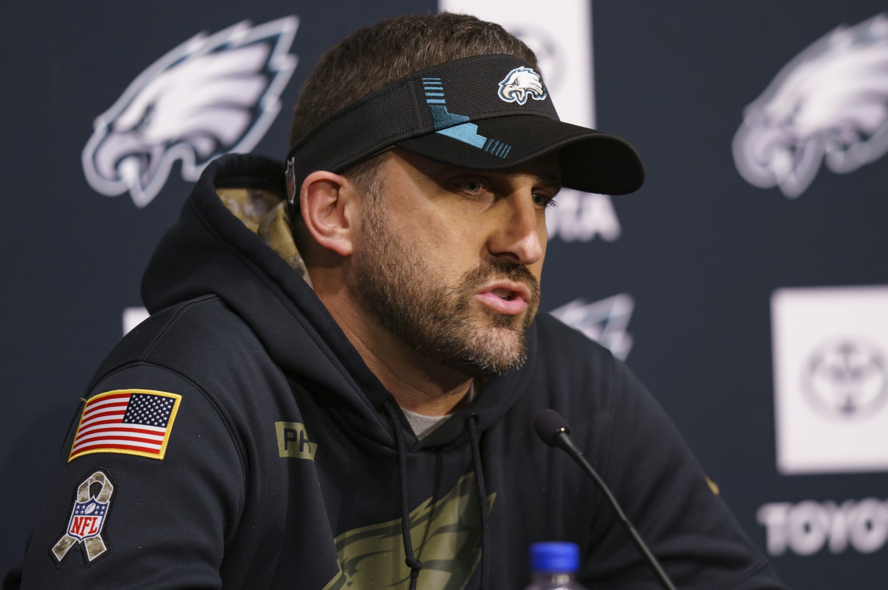Philadelphia Eagles head coach Nick Sirianni talks to the media during at NFL rookie football minicamp, Friday, May 6, 2022, in Philadelphia. (AP Photo/Christopher Szagola)