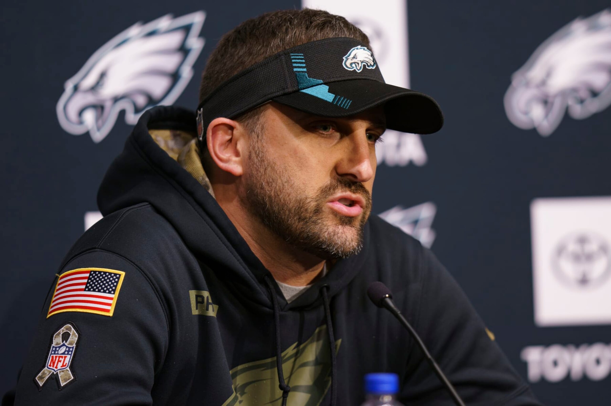Philadelphia Eagles head coach Nick Sirianni talks to the media during at NFL rookie football minicamp, Friday, May 6, 2022, in Philadelphia. (AP Photo/Christopher Szagola)