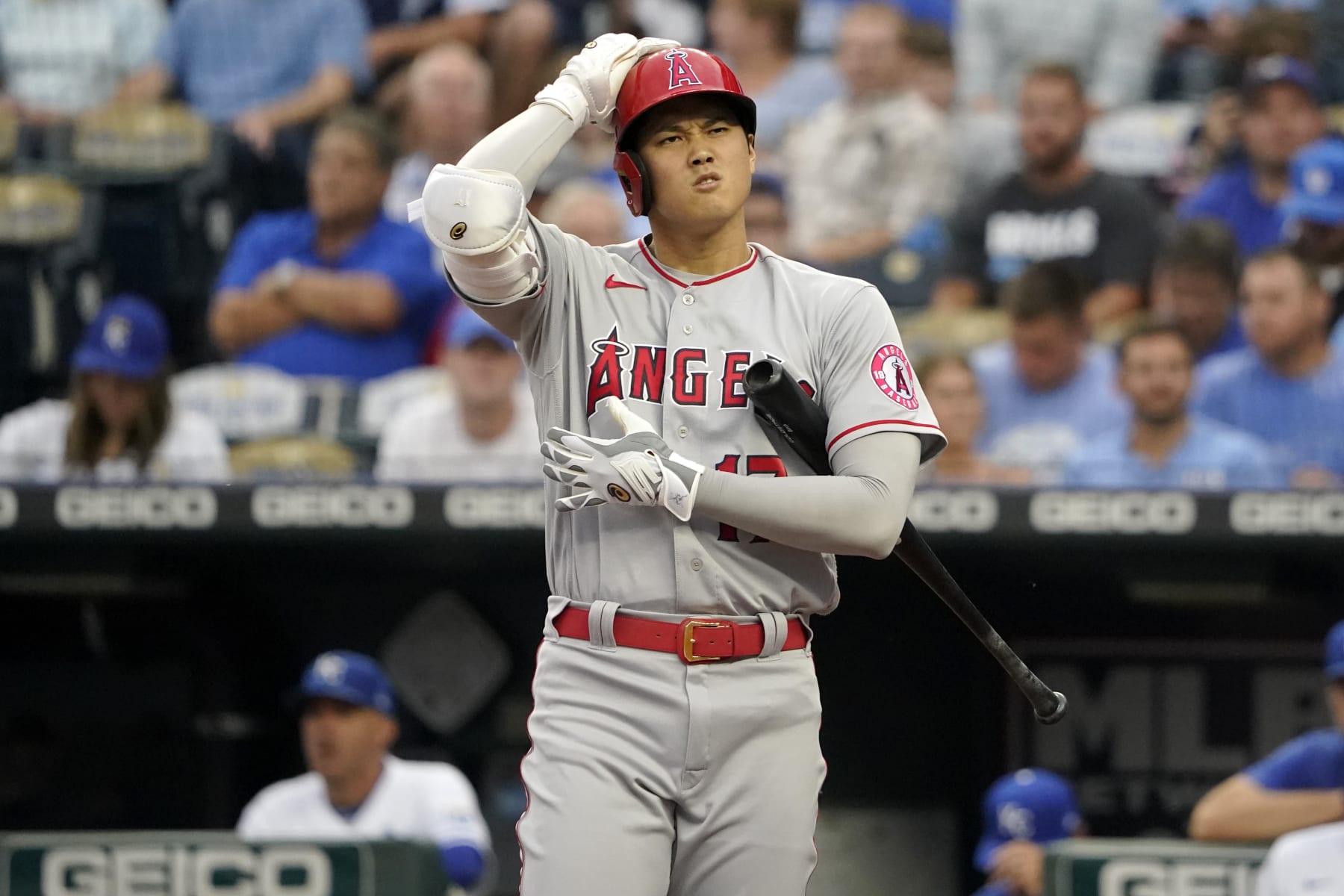 KANSAS CITY, MO - JULY 26: Shohei Ohtani of the Los Angeles Angels prepares to bat against the Kansas City Royals in the first inning at Kauffman Stadium on July 26, 2022, in Kansas City, Missouri. (Photo by Ed Zurga/Getty Images)