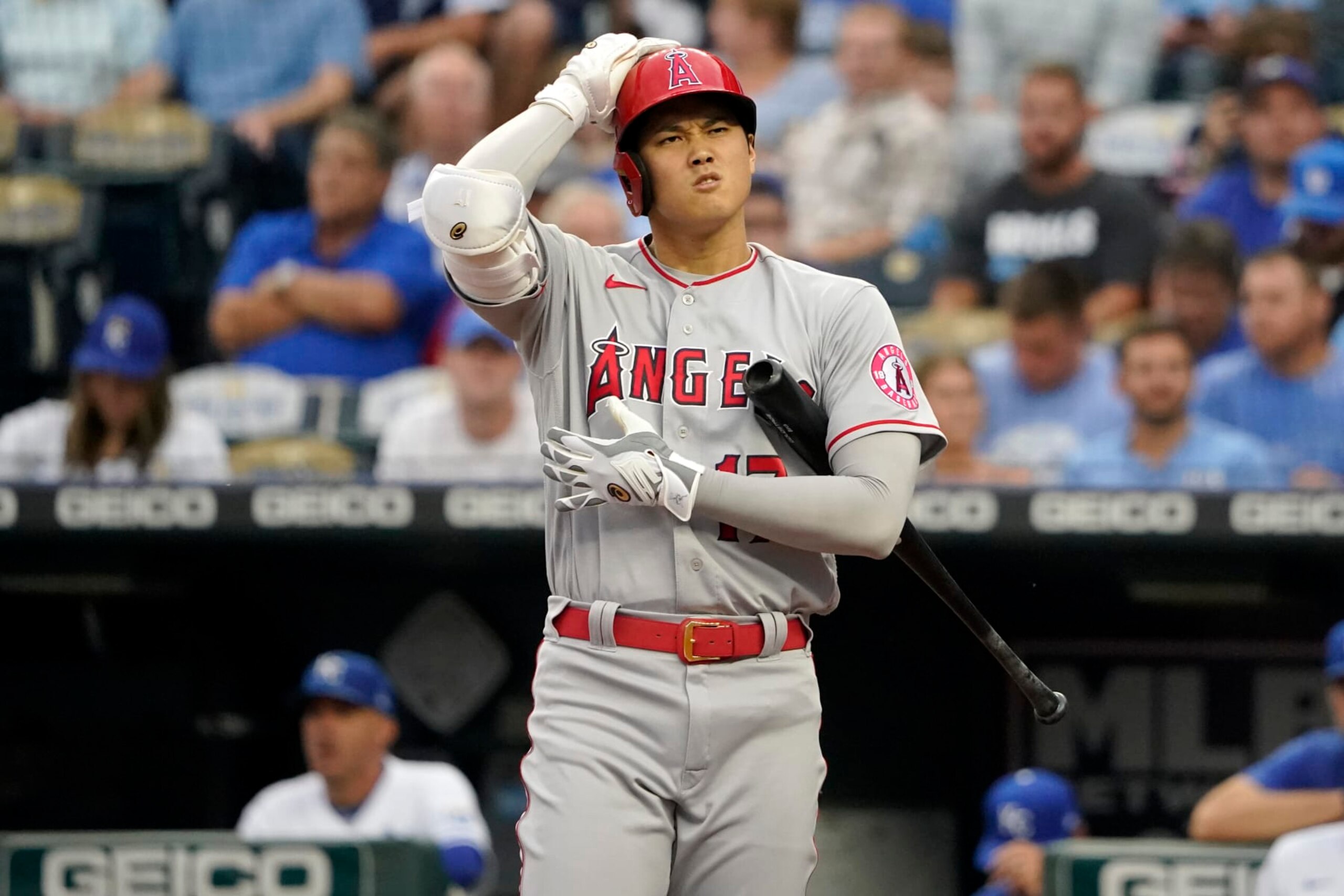 KANSAS CITY, MO - JULY 26: Shohei Ohtani of the Los Angeles Angels prepares to bat against the Kansas City Royals in the first inning at Kauffman Stadium on July 26, 2022, in Kansas City, Missouri. (Photo by Ed Zurga/Getty Images)