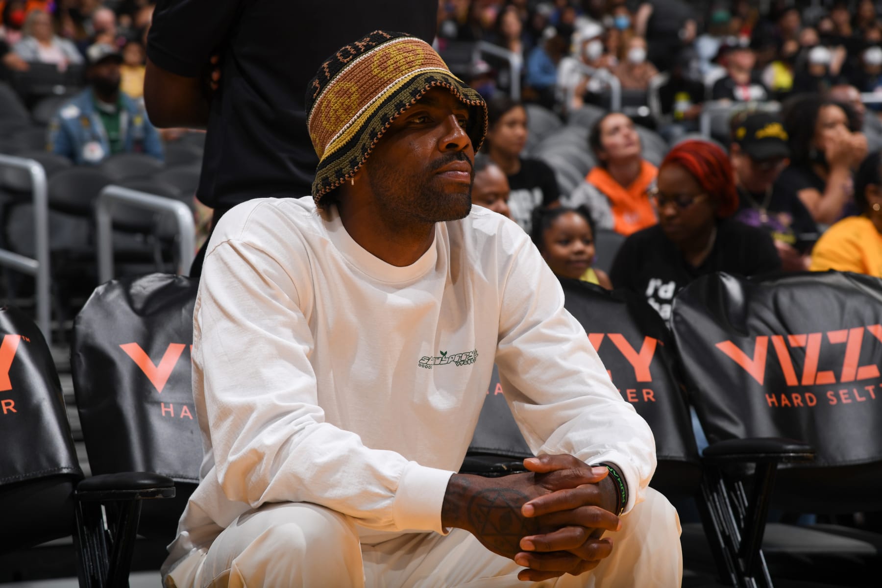 LOS ANGELES, CA - JULY 7: Kyrie Irving #11 of the Brooklyn Nets attends the game between the Seattle Storm and the Los Angeles Sparks on July 7, 2022 at Crypto.com Arena in Los Angeles, California. NOTE TO USER: User expressly acknowledges and agrees that, by downloading and/or using this Photograph, user is consenting to the terms and conditions of the Getty Images License Agreement. Mandatory Copyright Notice: Copyright 2022 NBAE (Photo by Juan Ocampo/NBAE via Getty Images)