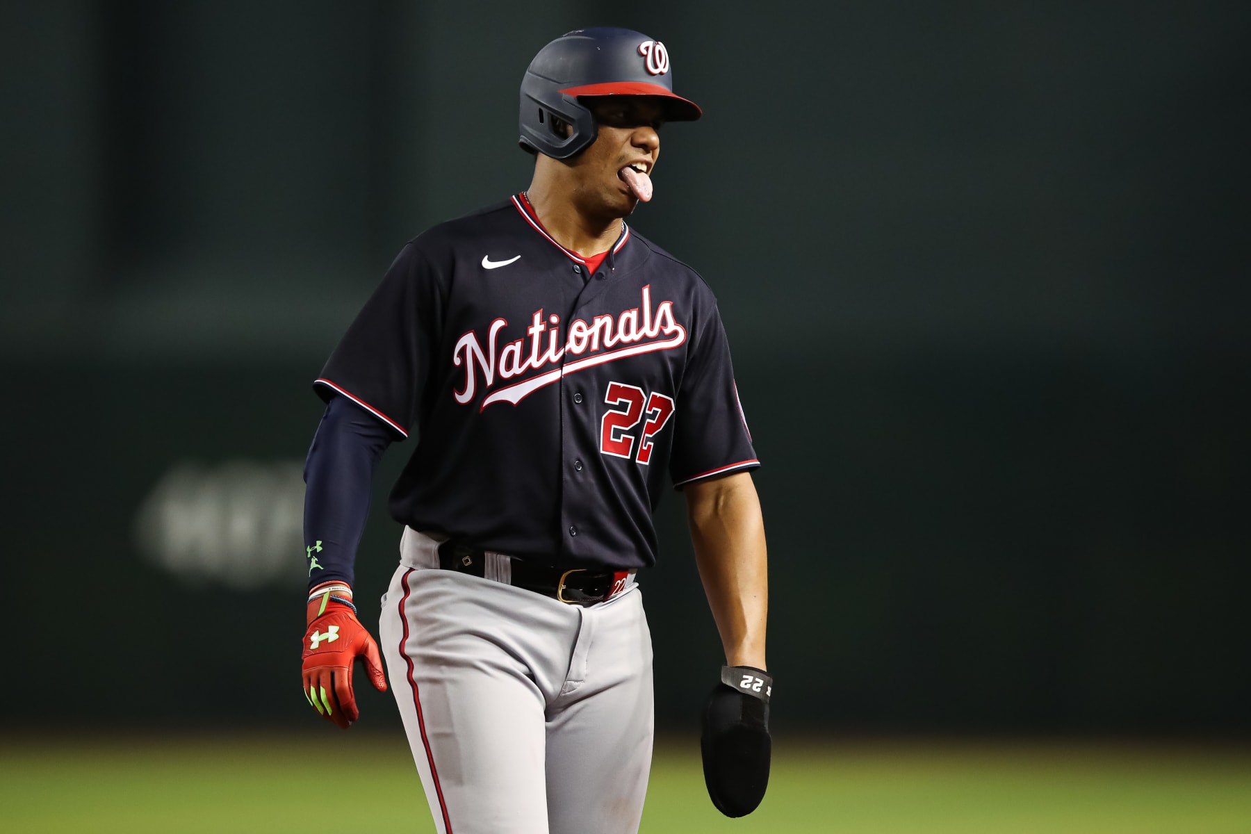 PHOENIX, AZ - JULY 22: Juan Soto #22 of the Washington Nationals reacts on the base path during the MLB game against the Arizona Diamondbacks at Chase Field on July 22, 2022 in Phoenix, Arizona. (Photo by Mike Christy/Getty Images)