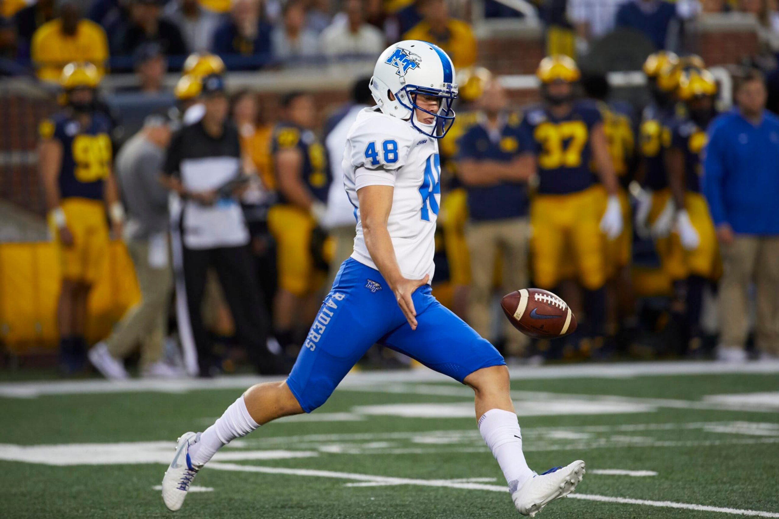 Middle Tennessee punter Kyle Ulbrich (48) during an NCAA football game on Saturday, Aug. 31, 2019 in Ann Arbor, Mich. (AP Photo/Rick Osentoski)
