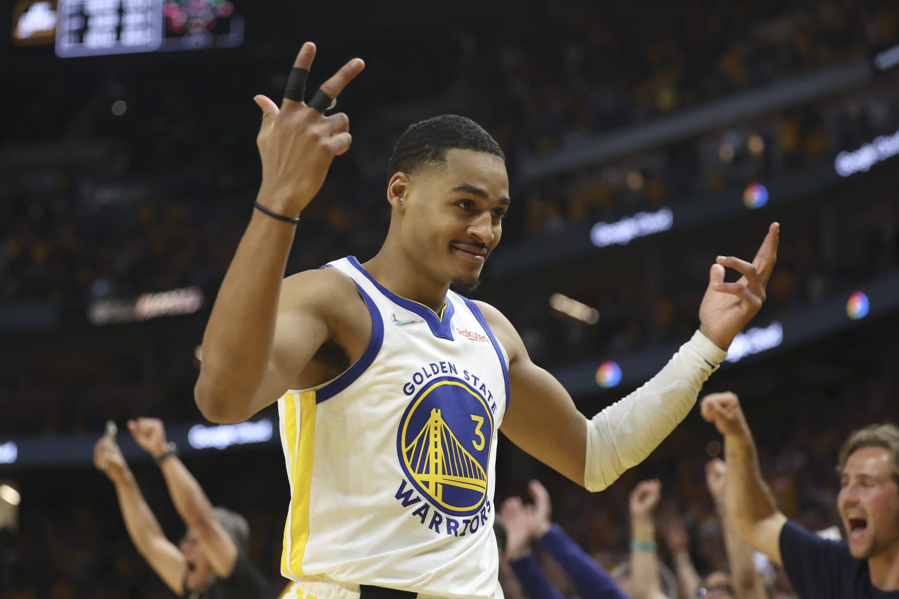 Golden State Warriors guard Jordan Poole (3) during Game 5 of basketball's NBA Finals against the Boston Celtics in San Francisco, Monday, June 13, 2022. (AP Photo/Jed Jacobsohn) Golden State Warriors guard Jordan Poole (3) during Game 5 of basketball's NBA Finals against the Boston Celtics in San Francisco, Monday, June 13, 2022. (AP Photo/Jed Jacobsohn)