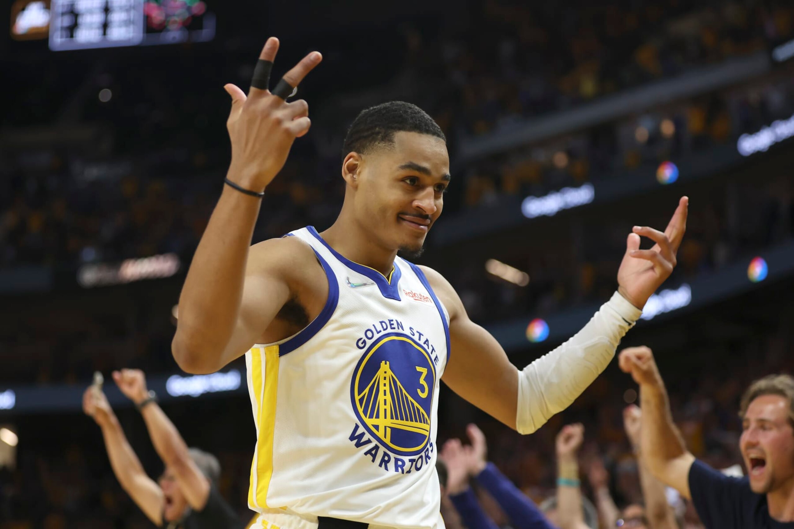 Golden State Warriors guard Jordan Poole (3) during Game 5 of basketball's NBA Finals against the Boston Celtics in San Francisco, Monday, June 13, 2022. (AP Photo/Jed Jacobsohn)