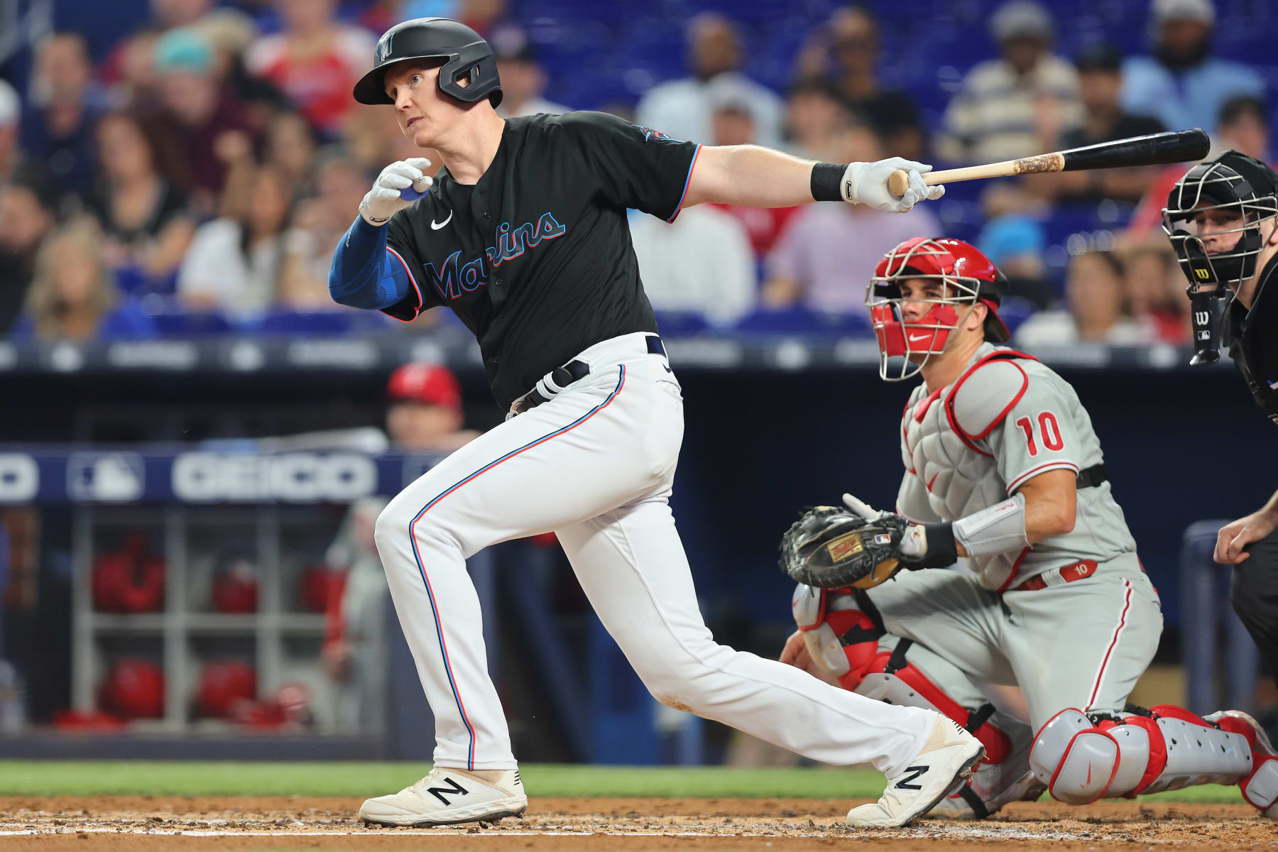 MIAMI, FLORIDA - JULY 15: Garrett Cooper #26 of the Miami Marlins at bat against the Philadelphia Phillies at loanDepot park on July 15, 2022 in Miami, Florida. (Photo by Michael Reaves/Getty Images)