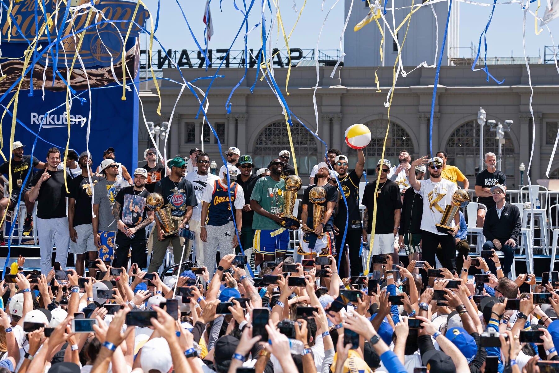 SAN FRANCISCO, CA - JUNE 20: The Golden State Warriors celebrate during their 2022 Victory Parade & Rally on June 20, 2022 at Chase Center in San Francisco, California. NOTE TO USER: User expressly acknowledges and agrees that, by downloading and or using this photograph, user is consenting to the terms and conditions of Getty Images License Agreement. Mandatory Copyright Notice: Copyright 2022 NBAE (Photo by Josh Leung/NBAE via Getty Images)