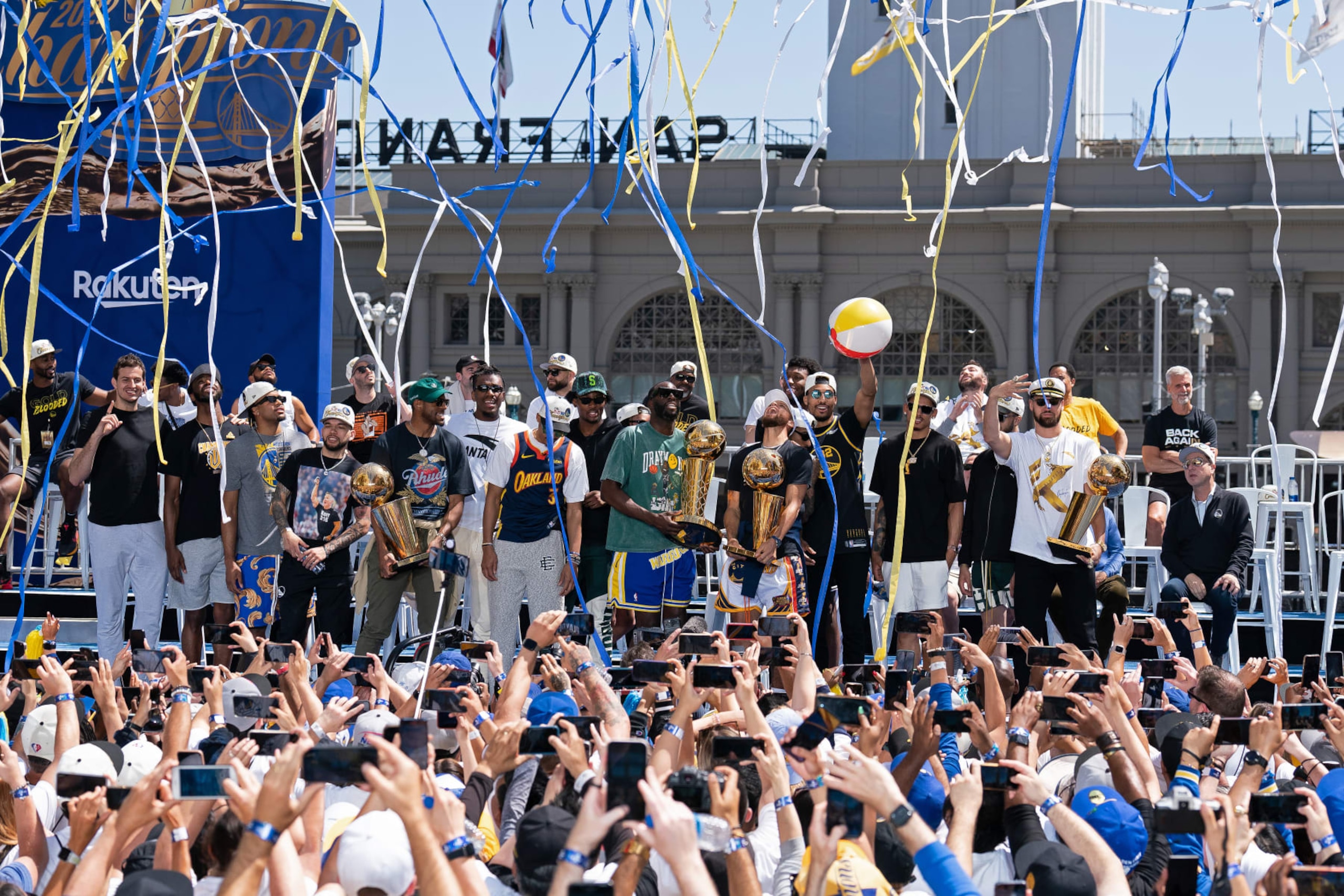 SAN FRANCISCO, CA - JUNE 20: The Golden State Warriors celebrate during their 2022 Victory Parade & Rally on June 20, 2022 at Chase Center in San Francisco, California. NOTE TO USER: User expressly acknowledges and agrees that, by downloading and or using this photograph, user is consenting to the terms and conditions of Getty Images License Agreement. Mandatory Copyright Notice: Copyright 2022 NBAE (Photo by Josh Leung/NBAE via Getty Images)