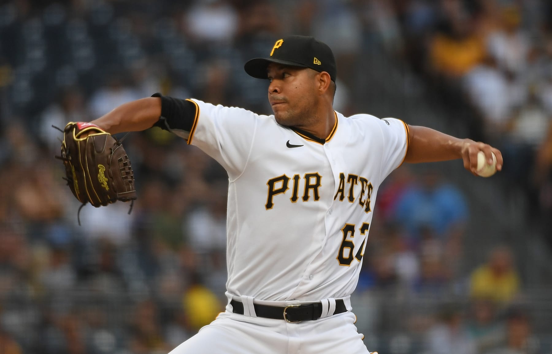 PITTSBURGH, PA - JULY 23: Jose Quintana #62 of the Pittsburgh Pirates delivers a pitch in the first inning during the game against the Miami Marlins at PNC Park on July 23, 2022 in Pittsburgh, Pennsylvania. (Photo by Justin Berl/Getty Images)