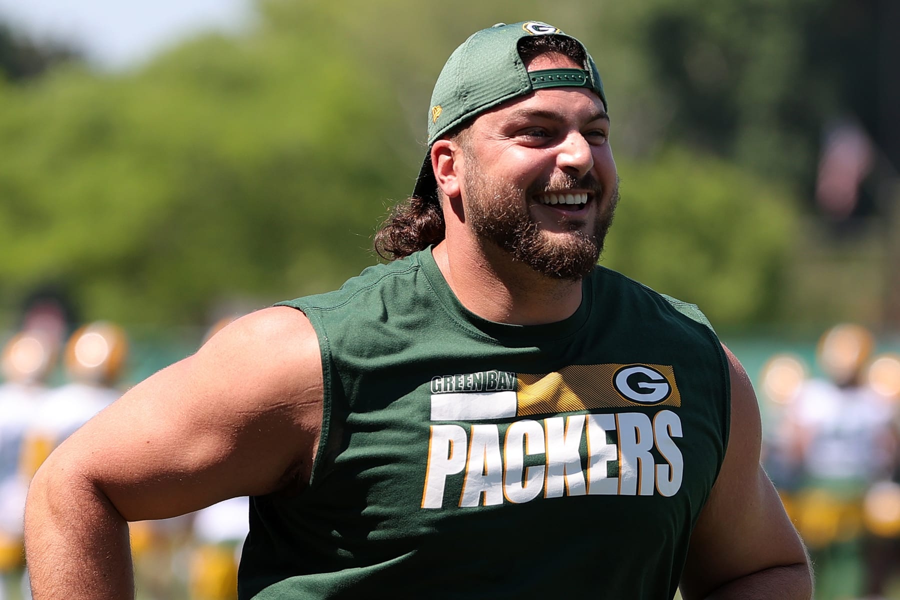 ASHWAUBENON, WISCONSIN - JUNE 08: David Bakhtiari #69 of the Green Bay Packers works out during training camp at Ray Nitschke Field on June 08, 2021 in Ashwaubenon, Wisconsin. (Photo by Stacy Revere/Getty Images)