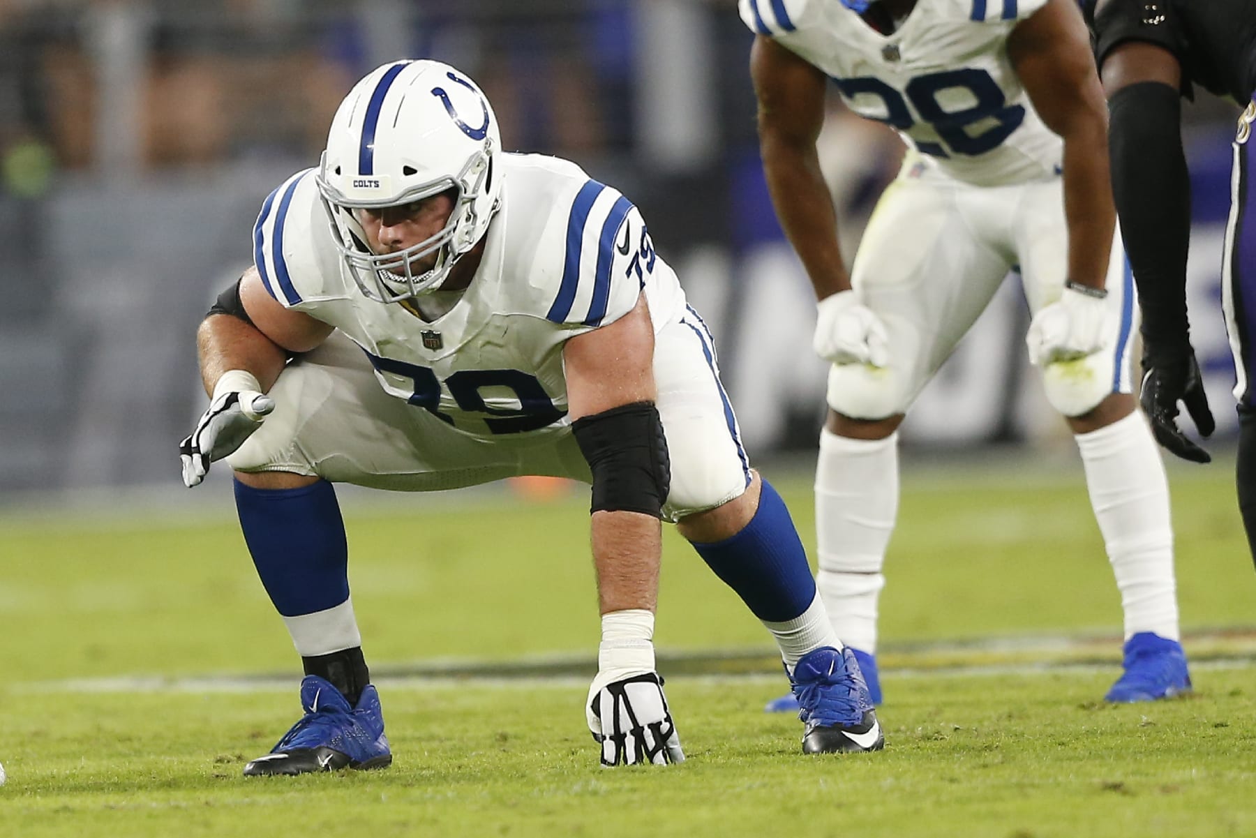 BALTIMORE, MD - OCTOBER 11: Indianapolis Colts Offensive Tackle Eric Fisher (79) in action during and NFL game between the Indianapolis Colts and Baltimore Ravens on October 11, 2021at M&T Stadium in Baltimore Maryland.(Photo by Jeffrey Brown/Icon Sportswire via Getty Images)