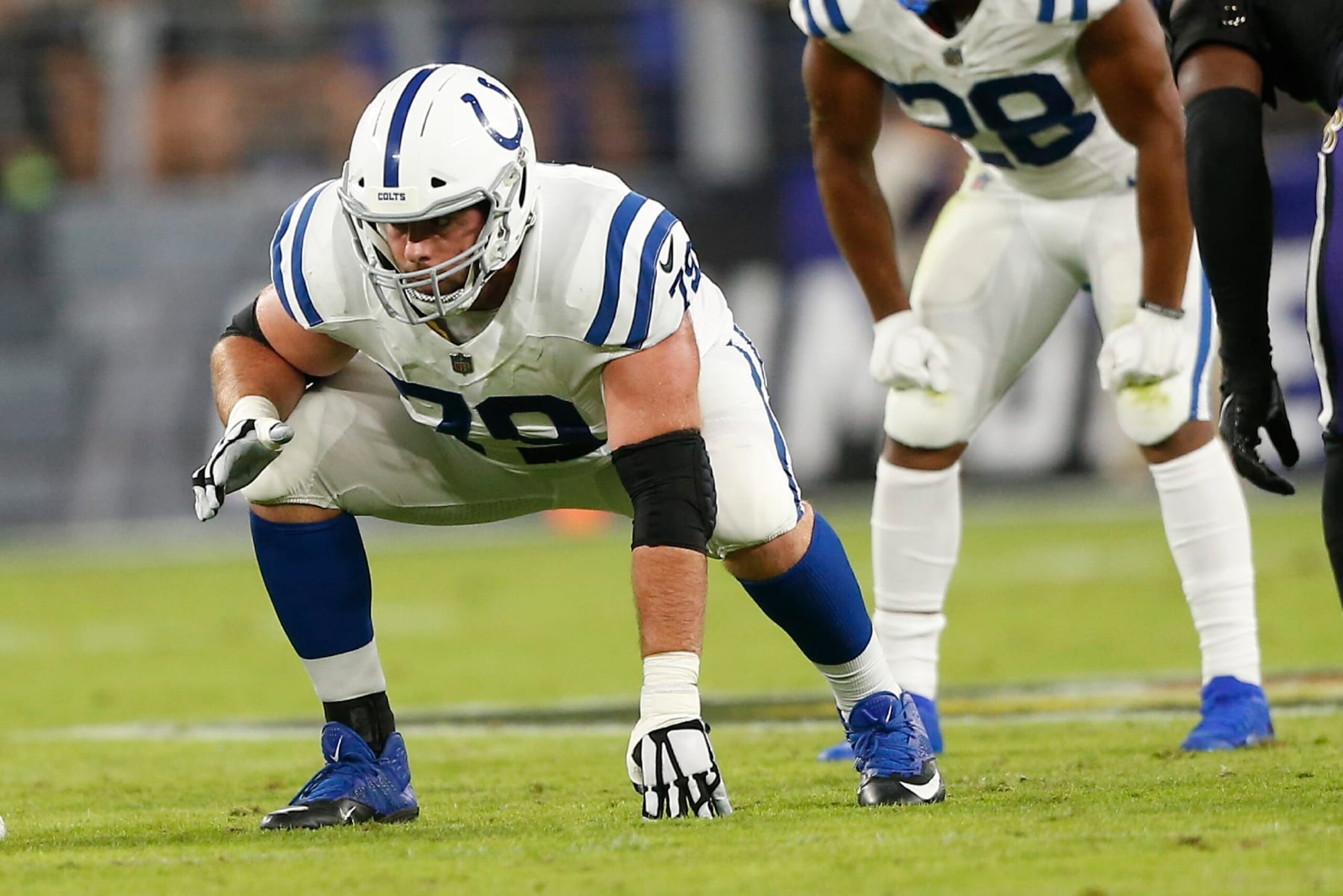 BALTIMORE, MD - OCTOBER 11: Indianapolis Colts Offensive Tackle Eric Fisher (79) in action during and NFL game between the Indianapolis Colts and Baltimore Ravens on October 11, 2021at M&T Stadium in Baltimore Maryland.(Photo by Jeffrey Brown/Icon Sportswire via Getty Images)