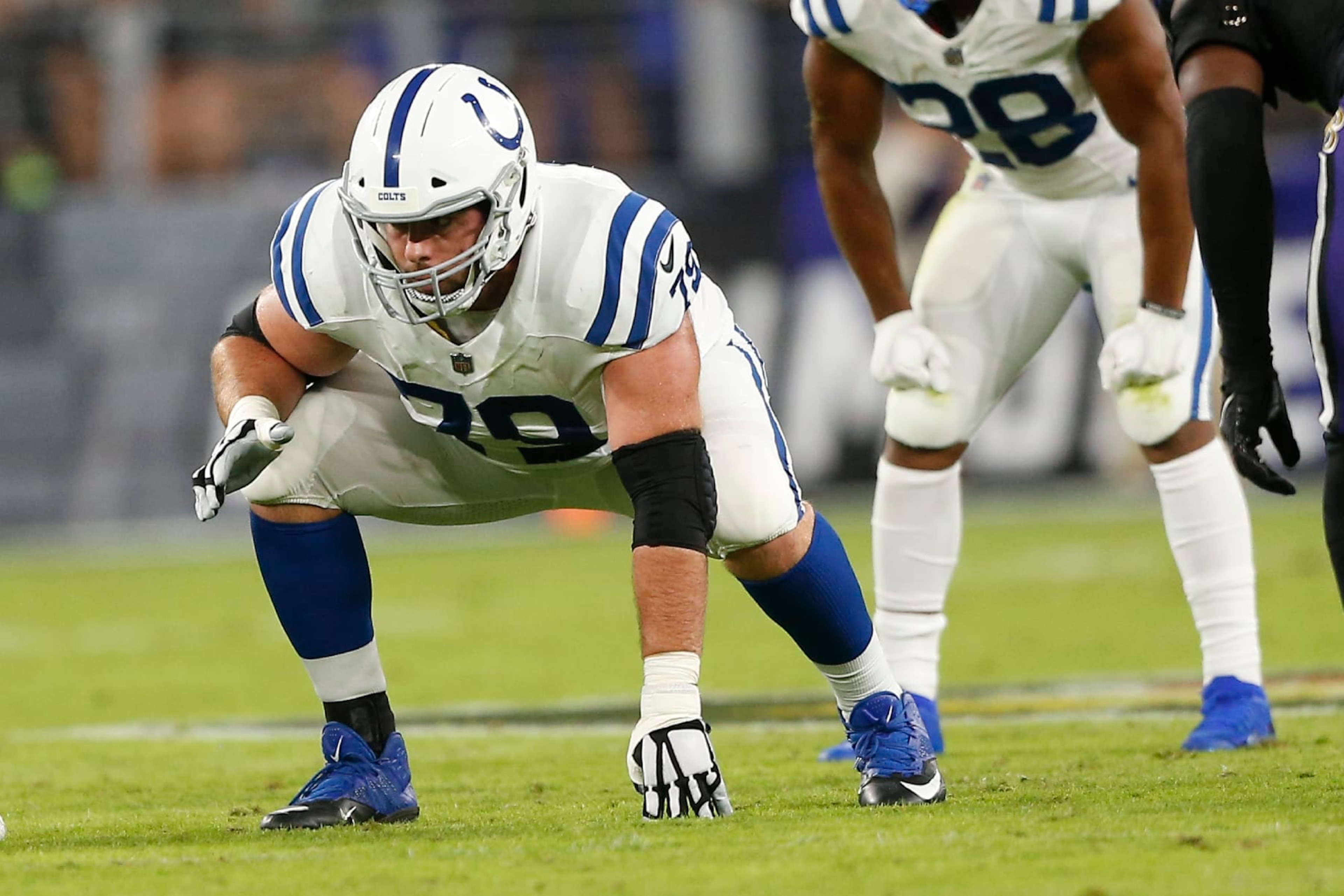 BALTIMORE, MD - OCTOBER 11: Indianapolis Colts Offensive Tackle Eric Fisher (79) in action during and NFL game between the Indianapolis Colts and Baltimore Ravens on October 11, 2021at M&T Stadium in Baltimore Maryland.(Photo by Jeffrey Brown/Icon Sportswire via Getty Images)
