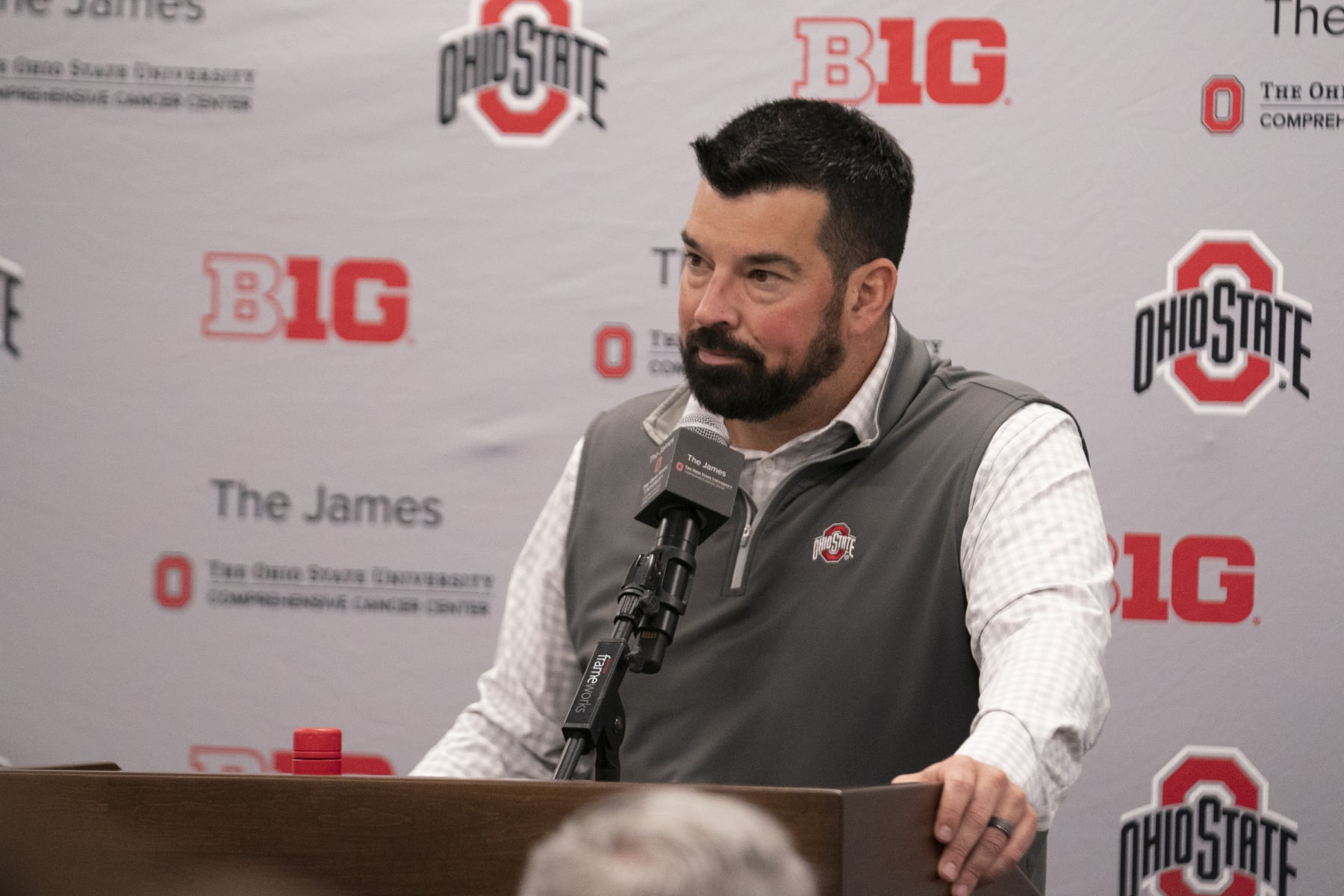 COLUMBUS, OH - APRIL 14: Ohio State Head Coach Ryan Day addresses members of the media during a press conference held at the Woody Hayes Athletic Center in Columbus, Ohio on April 14, 2022. (Photo by Jason Mowry/Icon Sportswire via Getty Images)