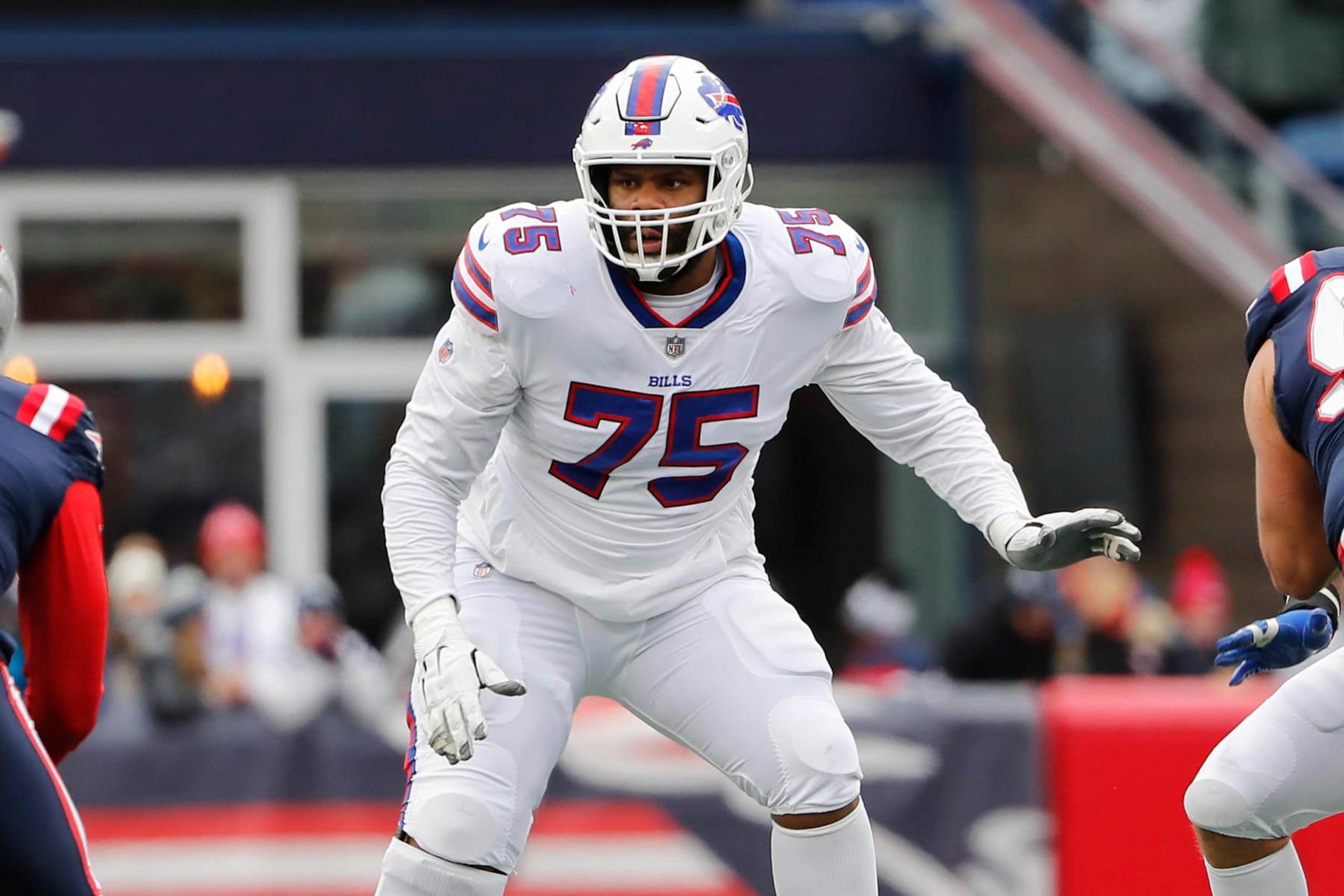 Buffalo Bills offensive tackle Daryl Williams looks to block against the New England Patriots during an NFL football game at Gillette Stadium Sunday, Dec. 26, 2021, in Foxborough, Mass. (AP Photo/Winslow Townson)