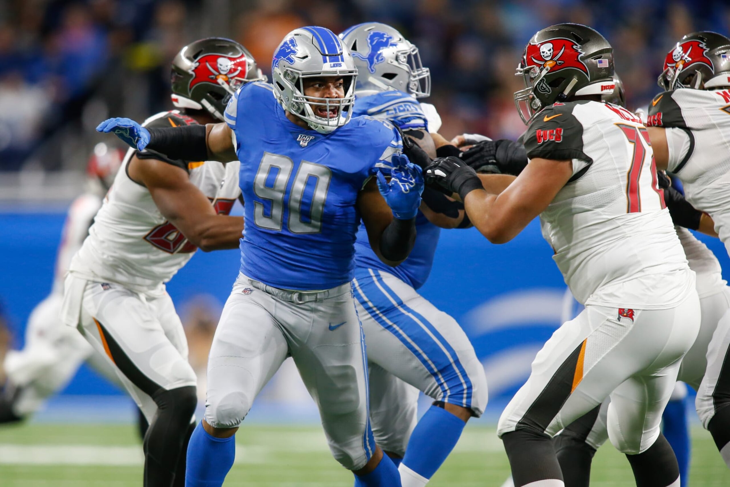 DETROIT, MI - DECEMBER 15:  Detroit Lions defensive end Trey Flowers (90) rushes during a regular season game between the Tampa Bay Buccaneers and the Detroit Lions on December 15, 2019 at Ford Field in Detroit, Michigan.  (Photo by Scott W. Grau/Icon Sportswire via Getty Images)