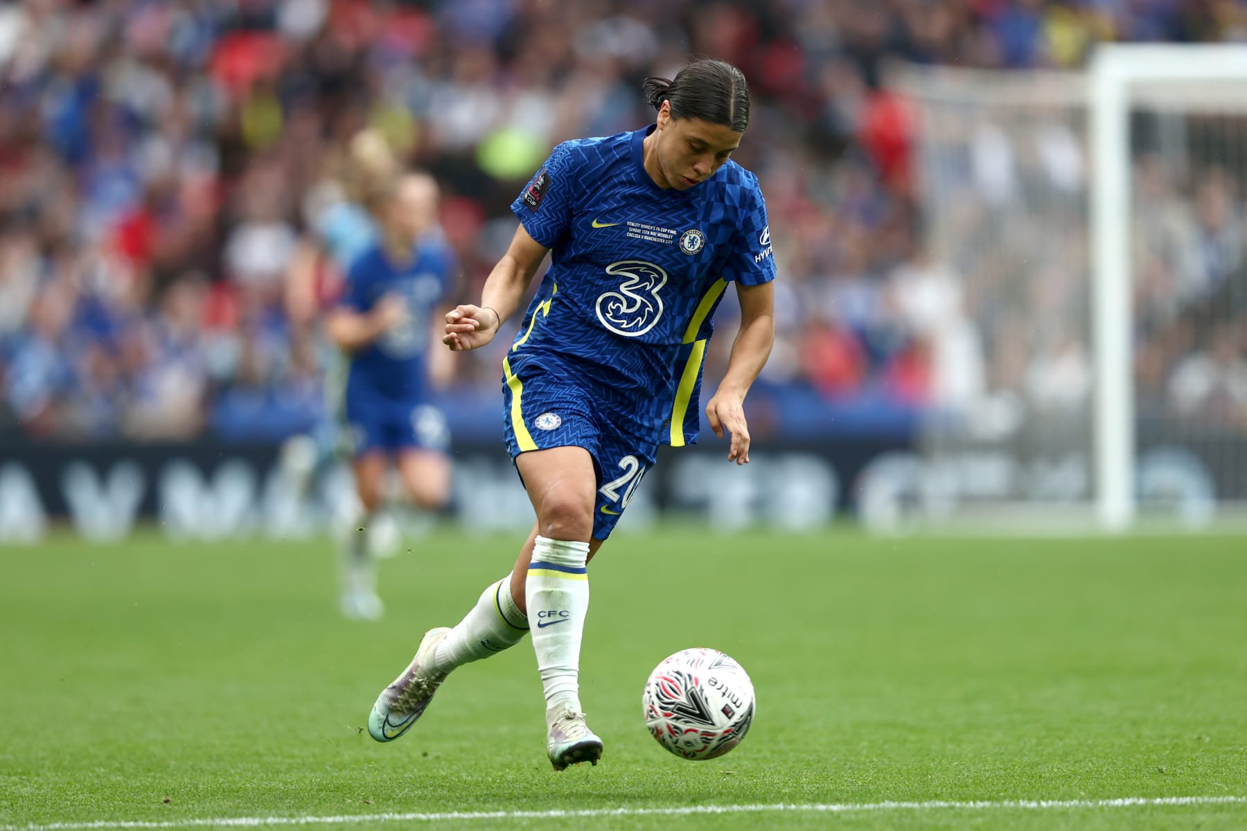LONDON, ENGLAND - MAY 15: Sam Kerr of Chelsea runs with the ball during the Vitality Women's FA Cup Final match between Chelsea Women and Manchester City Wome at Wembley Stadium on May 15, 2022 in London, England. (Photo by Naomi Baker - The FA/The FA via Getty Images)