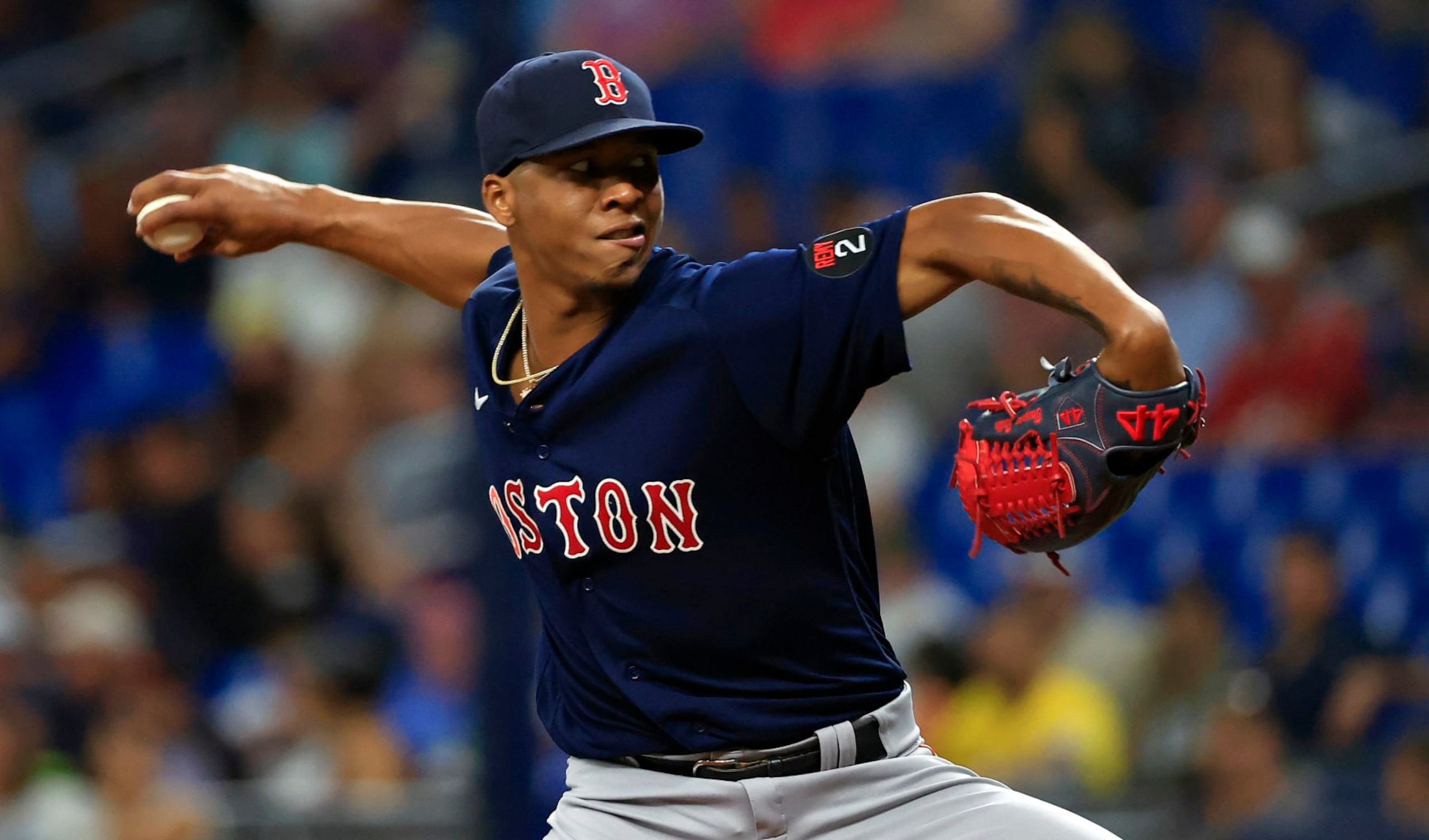 ST PETERSBURG, FLORIDA - JULY 11:  Brayan Bello #66 of the Boston Red Sox pitches during a game `ax at Tropicana Field on July 11, 2022 in St Petersburg, Florida. (Photo by Mike Ehrmann/Getty Images)