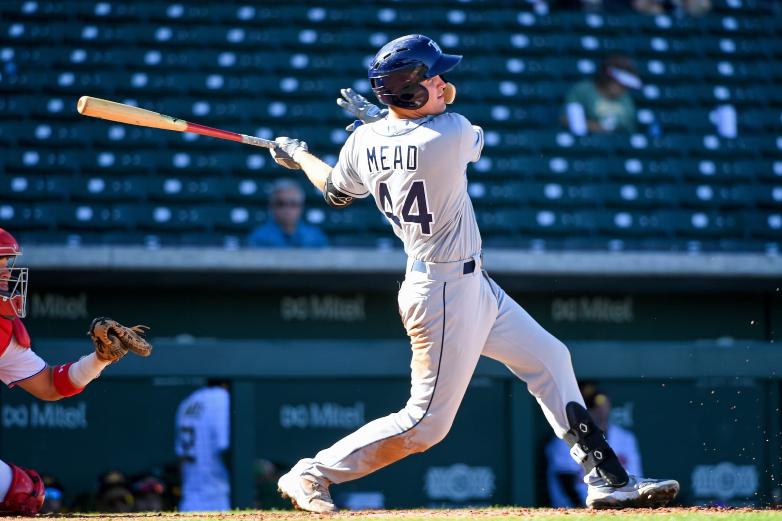 MESA, AZ - NOVEMBER 08, 2021: Curtis Mead #44 of the Scottsdale Scorpions bats during a game against the Mesa Solar Sox at Sloan Park on November 8, 2021 in Mesa, Arizona. (Photo by Chris Bernacchi/Diamond Images via Getty Images)