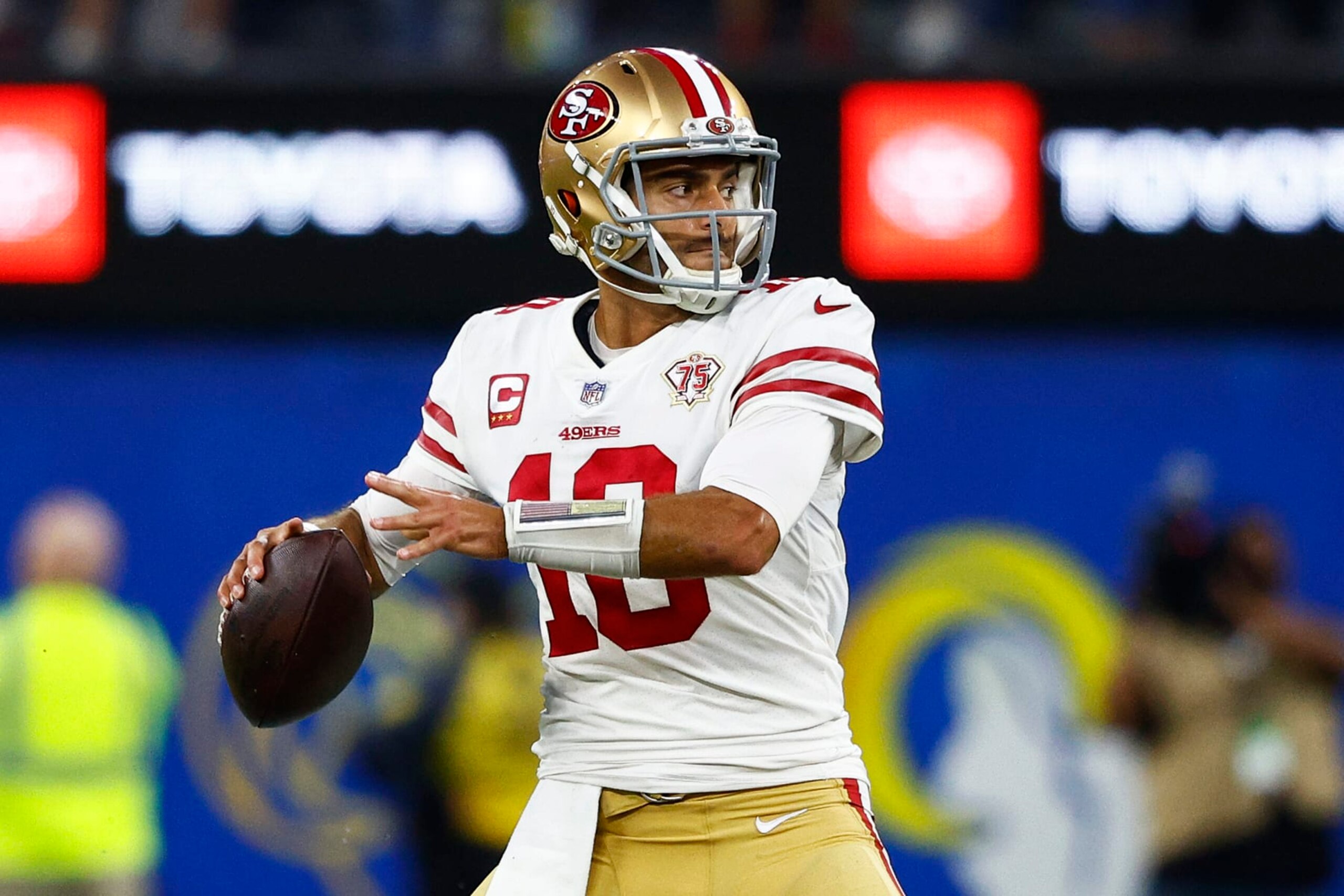 INGLEWOOD, CALIFORNIA - JANUARY 30: Jimmy Garoppolo #10 of the San Francisco 49ers looks to pass the ball in the NFC Championship Game against the Los Angeles Rams at SoFi Stadium on January 30, 2022 in Inglewood, California. (Photo by Ronald Martinez/Getty Images) INGLEWOOD, CALIFORNIA - JANUARY 30: Jimmy Garoppolo #10 of the San Francisco 49ers looks to pass the ball in the NFC Championship Game against the Los Angeles Rams at SoFi Stadium on January 30, 2022 in Inglewood, California. (Photo by Ronald Martinez/Getty Images)