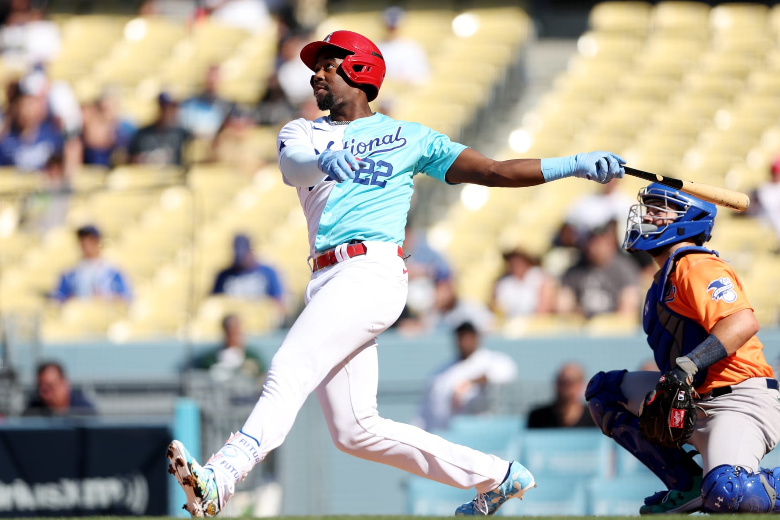 LOS ANGELES, CA - JULY 16:  Jordan Walker #22 of the St. Louis Cardinals bats during the 2022 SiriusXM All-Star Futures Game at Dodger Stadium on Saturday, July 16, 2022 in Los Angeles, California. (Photo by Rob Tringali/MLB Photos via Getty Images)