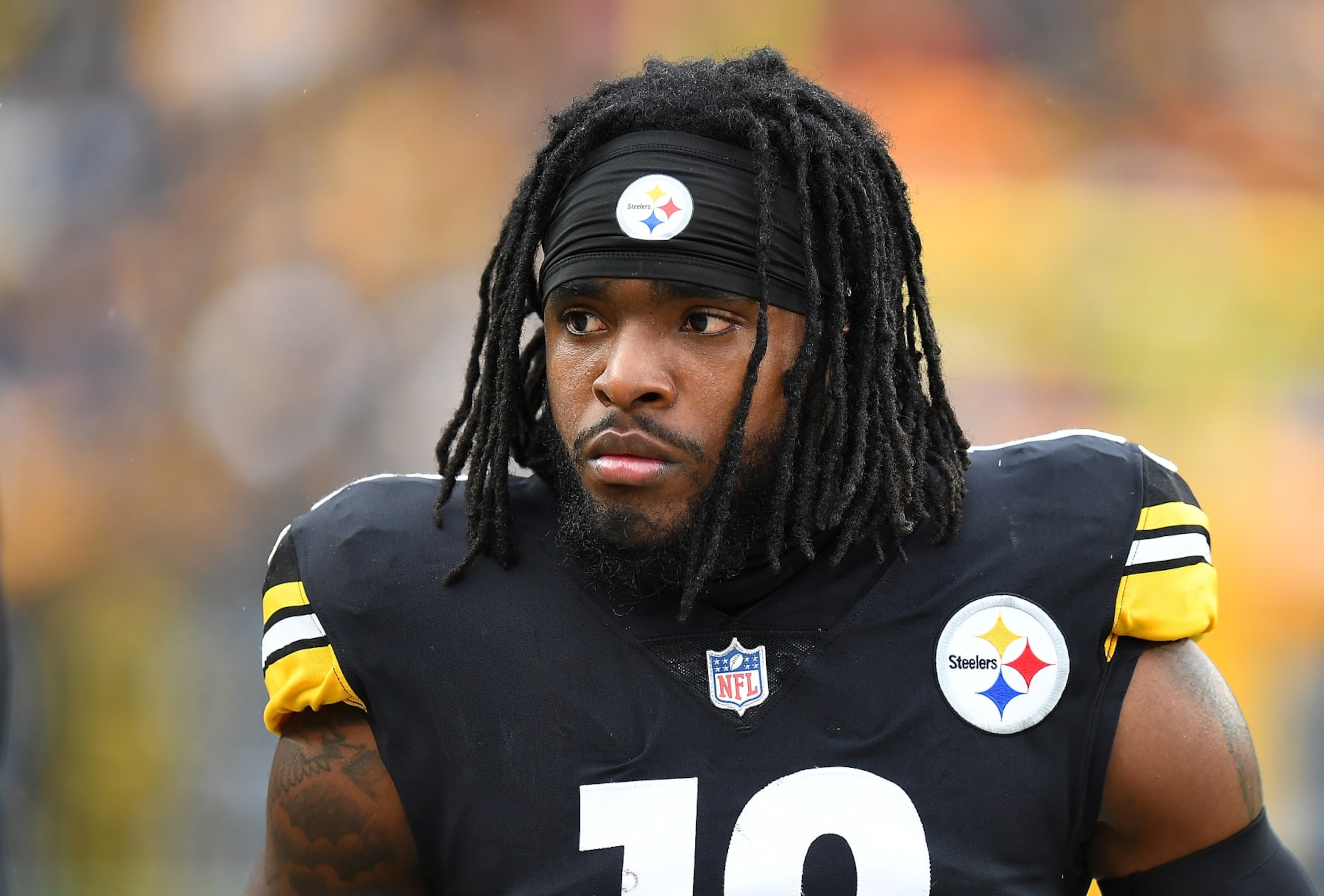 PITTSBURGH, PA - NOVEMBER 14: Diontae Johnson #18 of the Pittsburgh Steelers looks on during the game against the Detroit Lions at Heinz Field on November 14, 2021 in Pittsburgh, Pennsylvania. (Photo by Joe Sargent/Getty Images) PITTSBURGH, PA - NOVEMBER 14: Diontae Johnson #18 of the Pittsburgh Steelers looks on during the game against the Detroit Lions at Heinz Field on November 14, 2021 in Pittsburgh, Pennsylvania. (Photo by Joe Sargent/Getty Images)