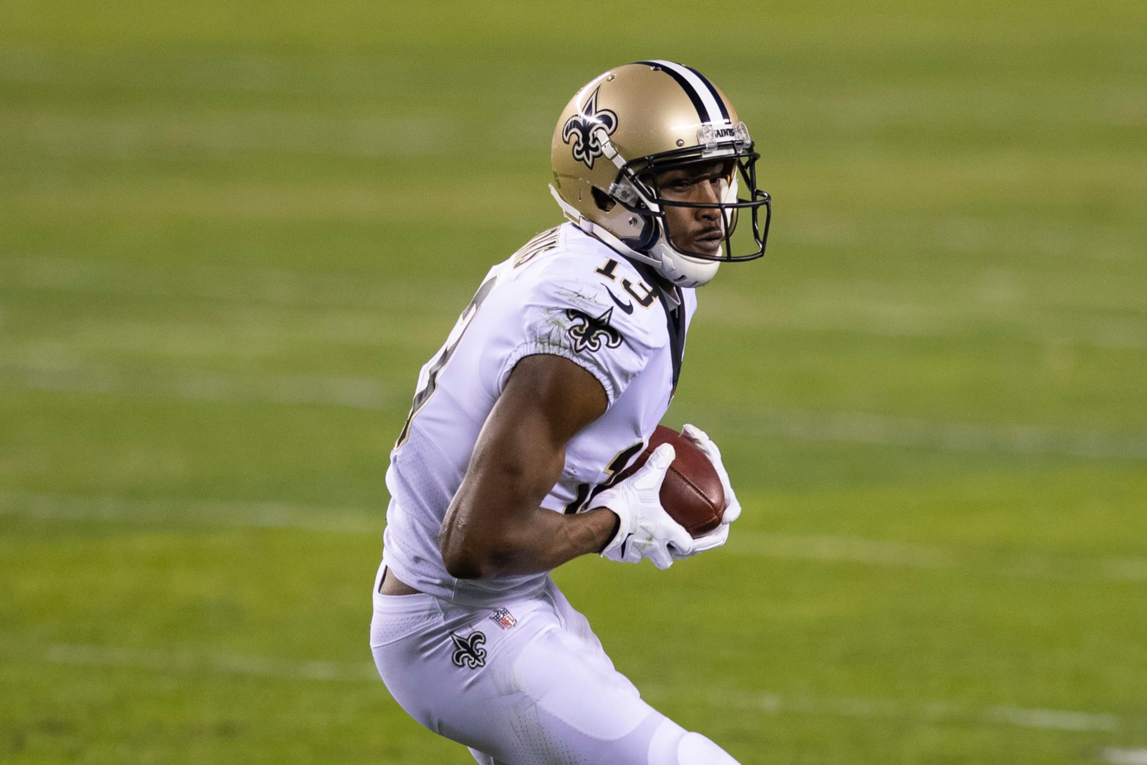 PHILADELPHIA, PA - DECEMBER 13: Michael Thomas #13 of the New Orleans Saints catches a pass against the Philadelphia Eagles at Lincoln Financial Field on December 13, 2020 in Philadelphia, Pennsylvania. (Photo by Mitchell Leff/Getty Images)