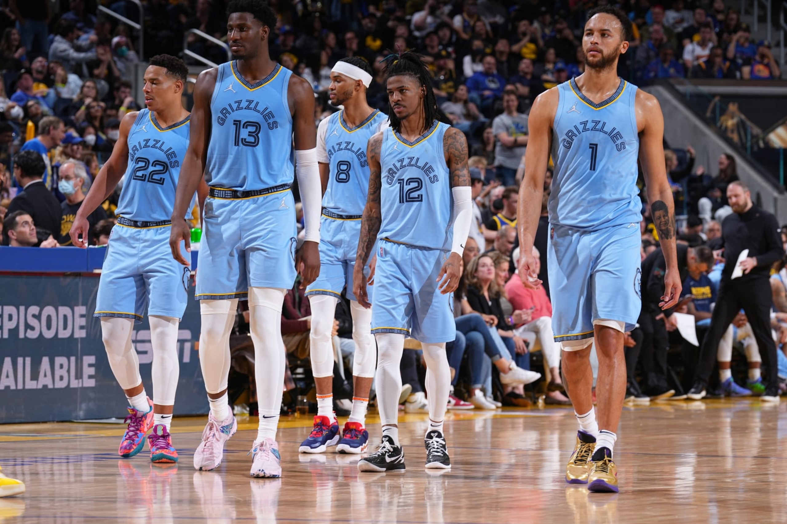 SAN FRANCISCO, CA - MAY 7: The Memphis Grizzlies look on during Game 3 of the 2022 NBA Playoffs Western Conference Semifinals on May 7, 2022 at Chase Center in San Francisco, California. NOTE TO USER: User expressly acknowledges and agrees that, by downloading and or using this photograph, user is consenting to the terms and conditions of Getty Images License Agreement. Mandatory Copyright Notice: Copyright 2022 NBAE (Photo by Garrett Ellwood/NBAE via Getty Images)