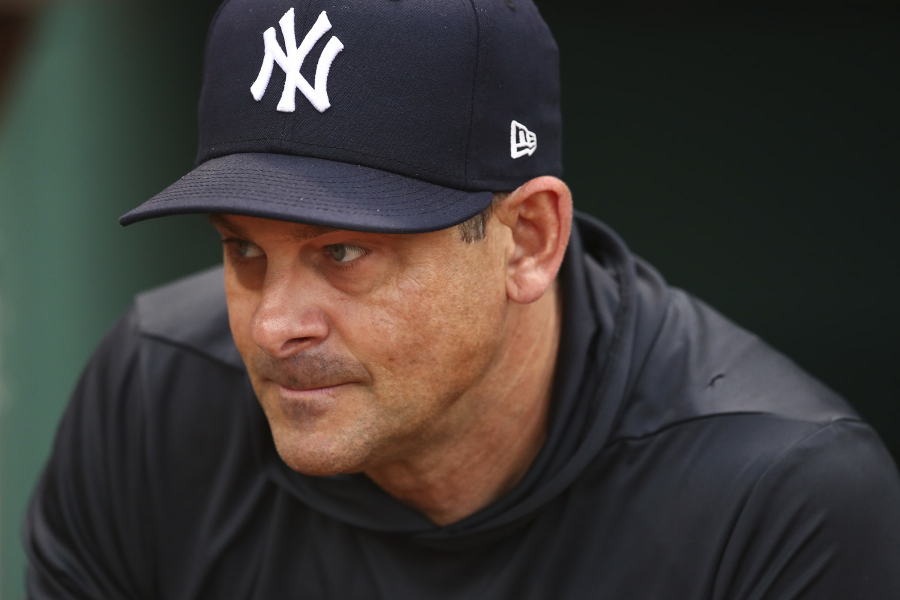 BOSTON, MA - JULY 08:  New York Yankees manager Aaron Boone looks on before a game against the Boston Red Sox at Fenway Park on July 8, 2022 in Boston, Massachusetts.  (Photo by Adam Glanzman/Getty Images)