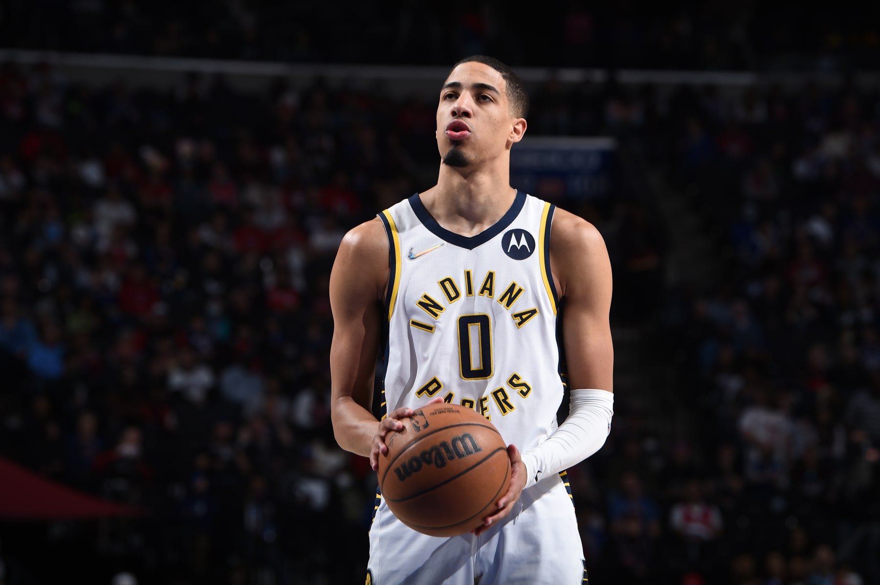 PHILADELPHIA, PA - APRIL 9: Tyrese Haliburton #0 of the Indiana Pacers shoots a free throw during the game against the Philadelphia 76ers on April 9, 2022 at the Wells Fargo Center in Philadelphia, Pennsylvania NOTE TO USER: User expressly acknowledges and agrees that, by downloading and/or using this Photograph, user is consenting to the terms and conditions of the Getty Images License Agreement. Mandatory Copyright Notice: Copyright 2022 NBAE (Photo by David Dow/NBAE via Getty Images) PHILADELPHIA, PA - APRIL 9: Tyrese Haliburton #0 of the Indiana Pacers shoots a free throw during the game against the Philadelphia 76ers on April 9, 2022 at the Wells Fargo Center in Philadelphia, Pennsylvania NOTE TO USER: User expressly acknowledges and agrees that, by downloading and/or using this Photograph, user is consenting to the terms and conditions of the Getty Images License Agreement. Mandatory Copyright Notice: Copyright 2022 NBAE (Photo by David Dow/NBAE via Getty Images)