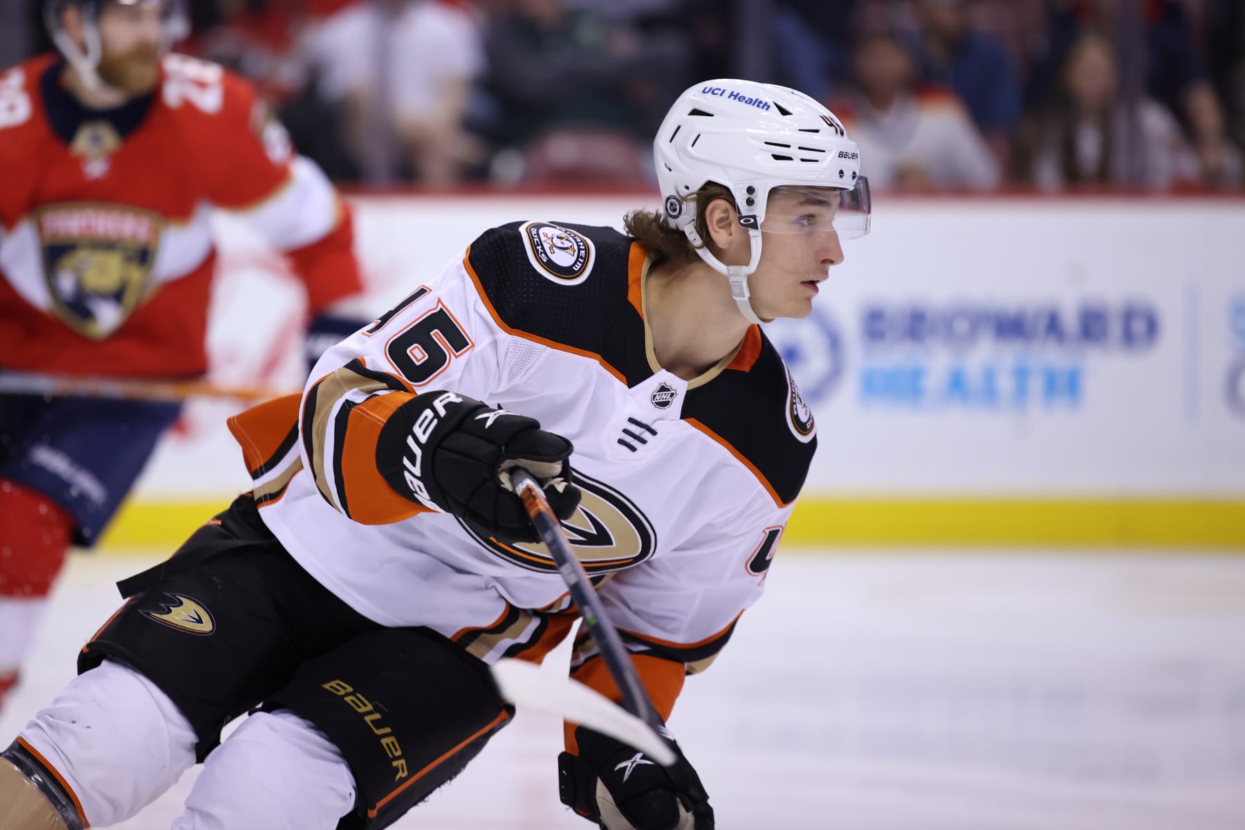 MIAMI, FL - April 12: Anaheim Ducks center Trevor Zegras (46) switches back to defense after a turnover during the game between the Anaheim Ducks and the Florida Panthers on Tuesday, April 12, 2022 at the FLA Live Arena in Sunrise, FL (Photo by Peter Joneleit/Icon Sportswire via Getty Images)