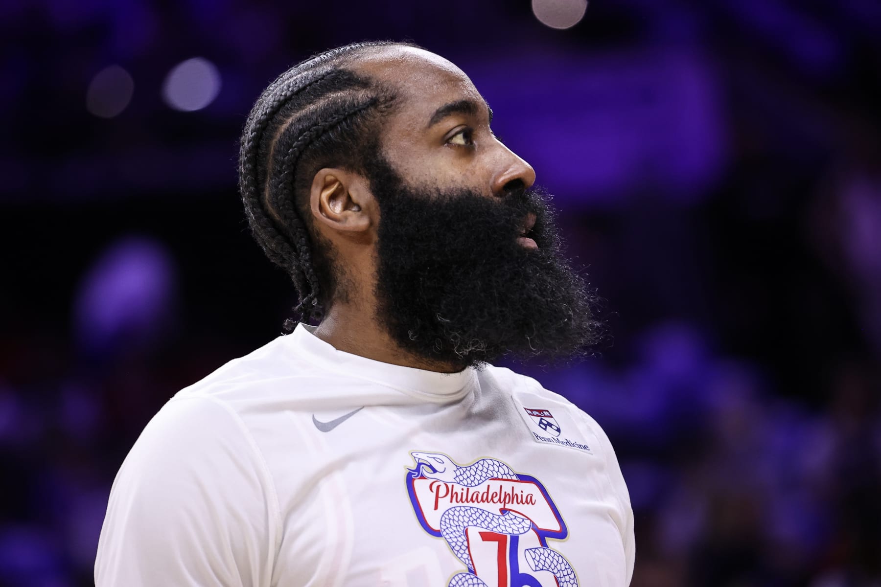 PHILADELPHIA, PA, USA - MAY 12: Philadelphia 76ers player James Harden warms up ahead of the NBA match between Philadelphia 76ers and Miami Heat at the Wells Fargo Center in Philadelphia, Pennsylvania, United States on May 12, 2022. (Photo by Tayfun Coskun/Anadolu Agency via Getty Images)