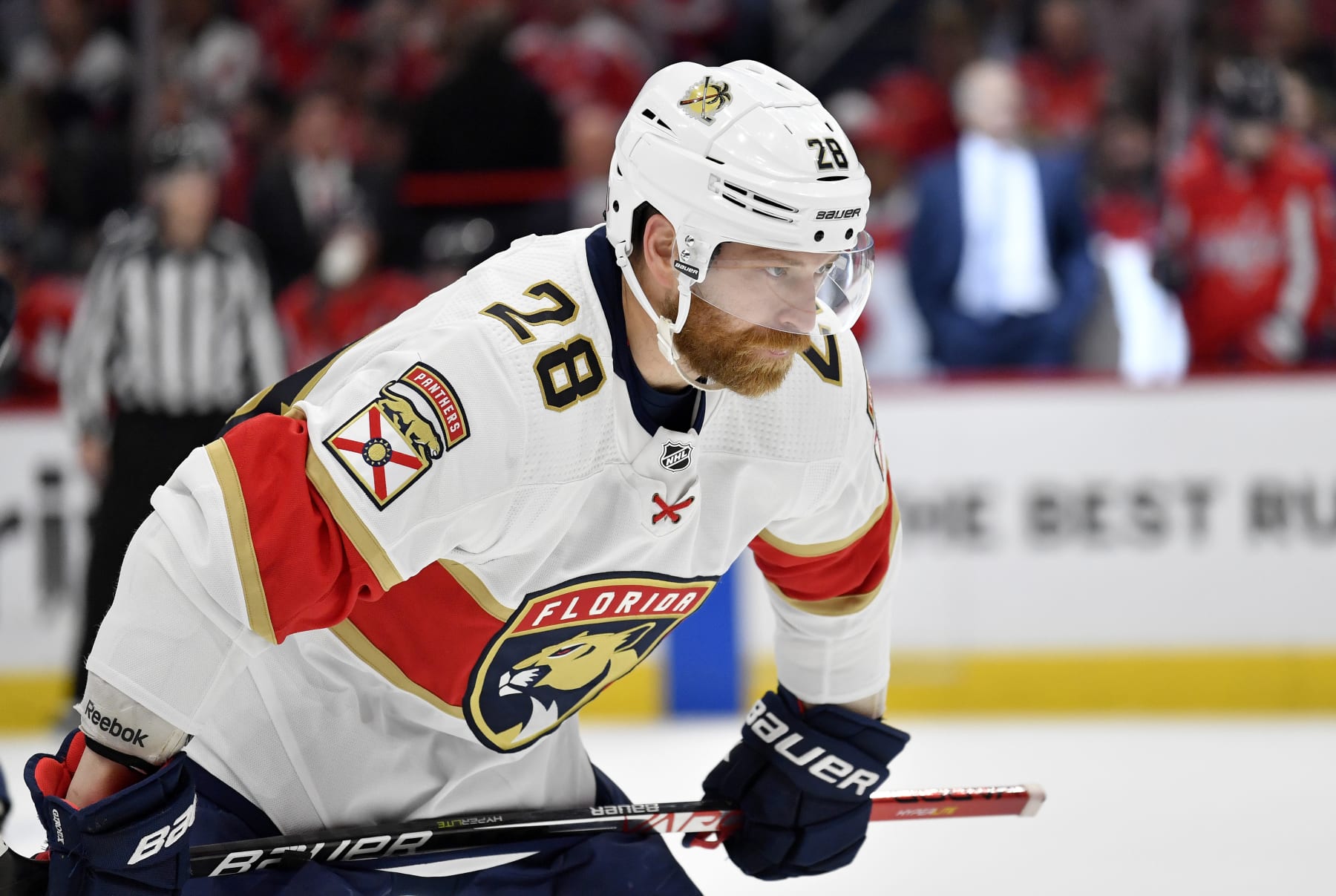 WASHINGTON, DC - MAY 13: Panthers right wing Claude Giroux (28) waits for a face-off during game 6 of the first round of the Stanley Cup Playoffs between the Florida Panthers and Washington Capitals National Hockey League game on May 13, 2022 at Capital One Arena in Washington, D.C.. (Photo by Randy Litzinger/Icon Sportswire via Getty Images)