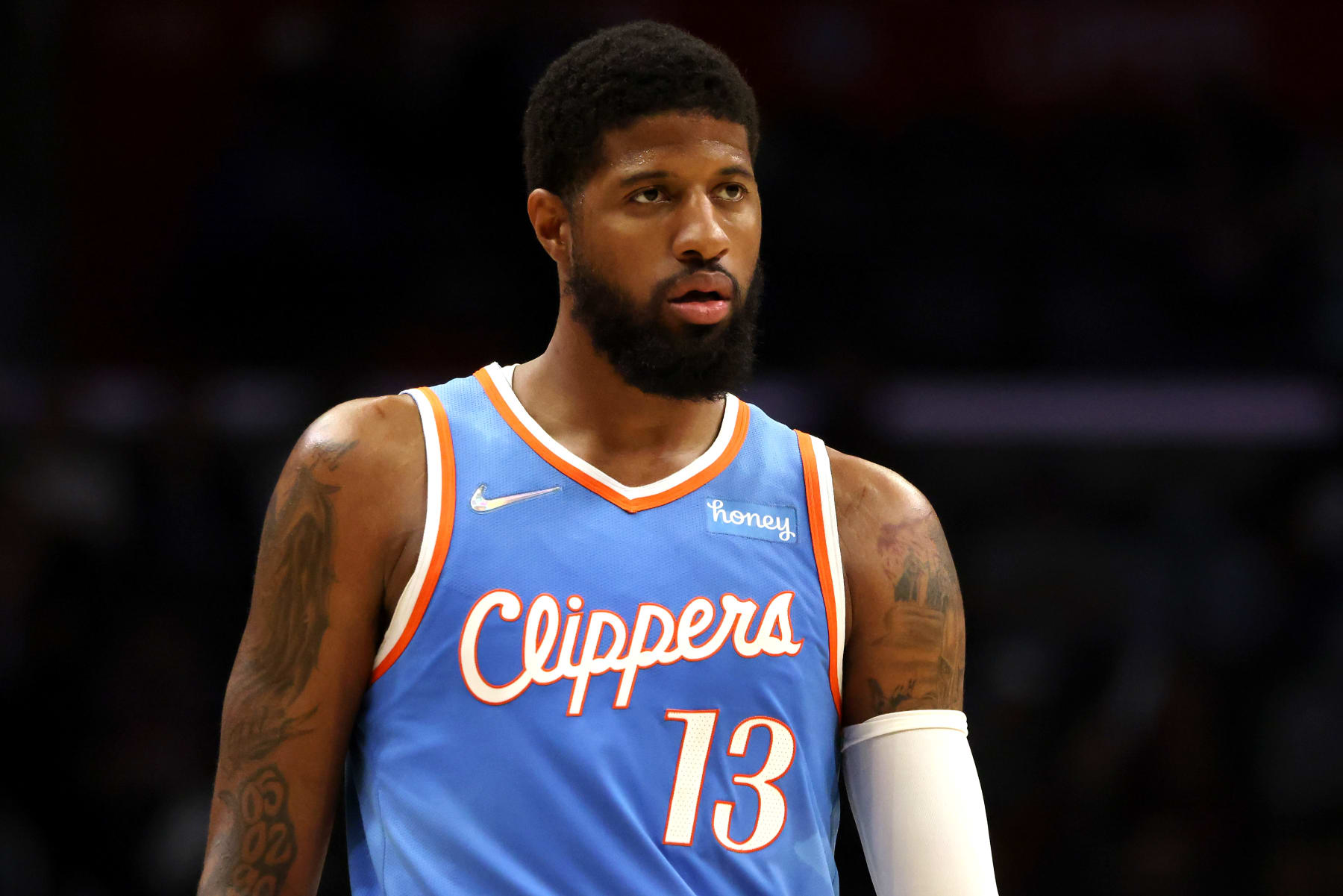 LOS ANGELES, CALIFORNIA - APRIL 09: Paul George #13 of the Los Angeles Clippers looks on during the second half against the Sacramento Kings at Crypto.com Arena on April 09, 2022 in Los Angeles, California. NOTE TO USER: User expressly acknowledges and agrees that, by downloading and or using this photograph, User is consenting to the terms and conditions of the Getty Images License Agreement. (Photo by Katelyn Mulcahy/Getty Images)