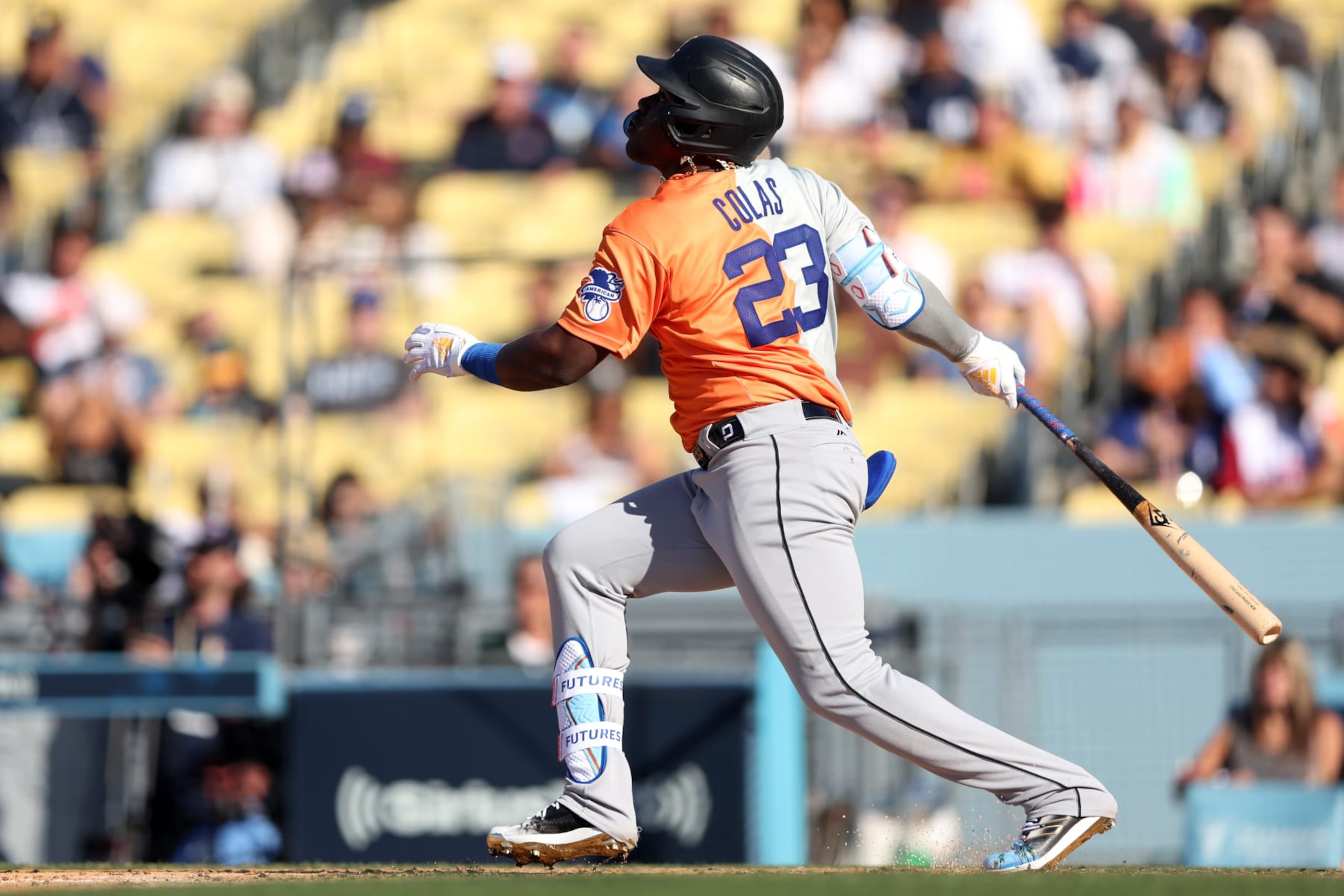 LOS ANGELES, CA - JULY 16:  Oscar Colas #23 of the Chicago White Sox bats during the 2022 SiriusXM All-Star Futures Game at Dodger Stadium on Saturday, July 16, 2022 in Los Angeles, California. (Photo by Rob Tringali/MLB Photos via Getty Images)
