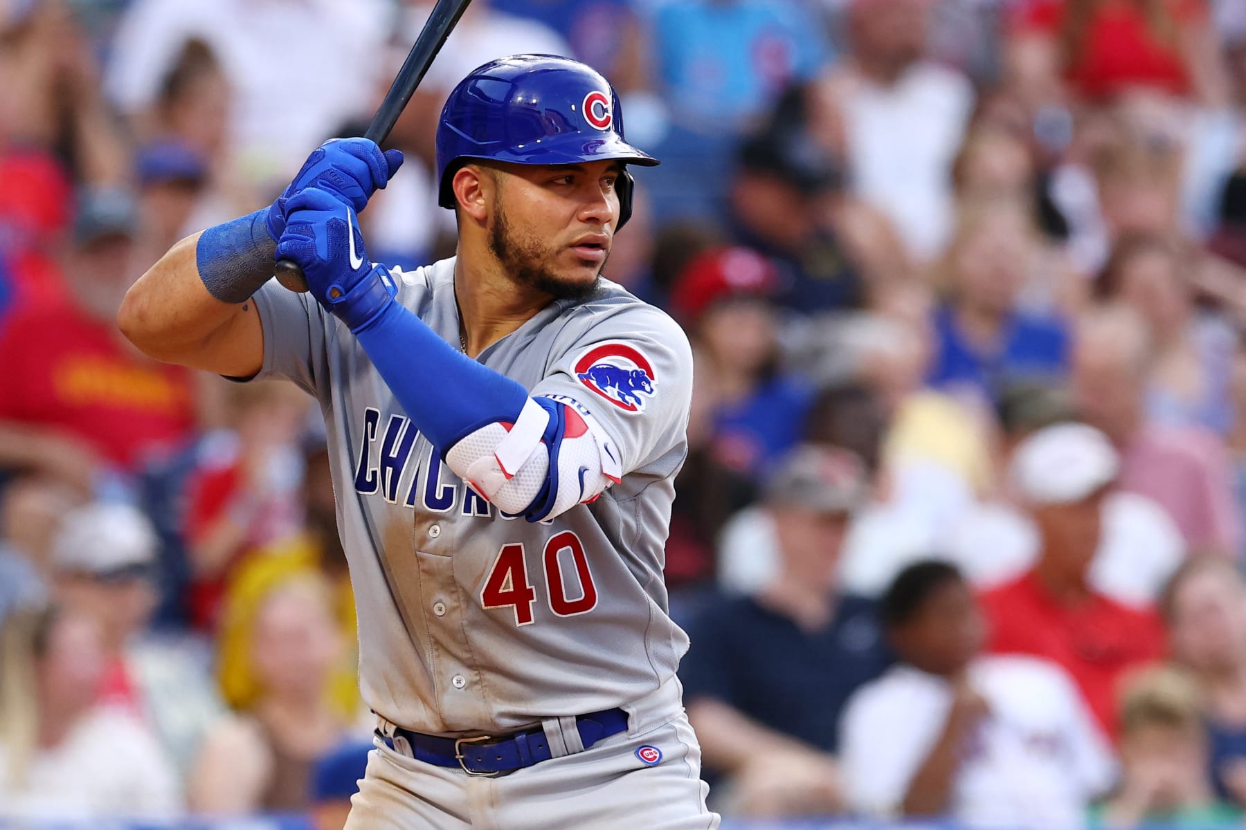 PHILADELPHIA, PA - JULY 23: Willson Contreras #40 of the Chicago Cubs in action during a game against the Philadelphia Phillies at Citizens Bank Park on July 23, 2022 in Philadelphia, Pennsylvania. The Cubs defeated the Phillies 6-2 in 10 innings. (Photo by Rich Schultz/Getty Images)