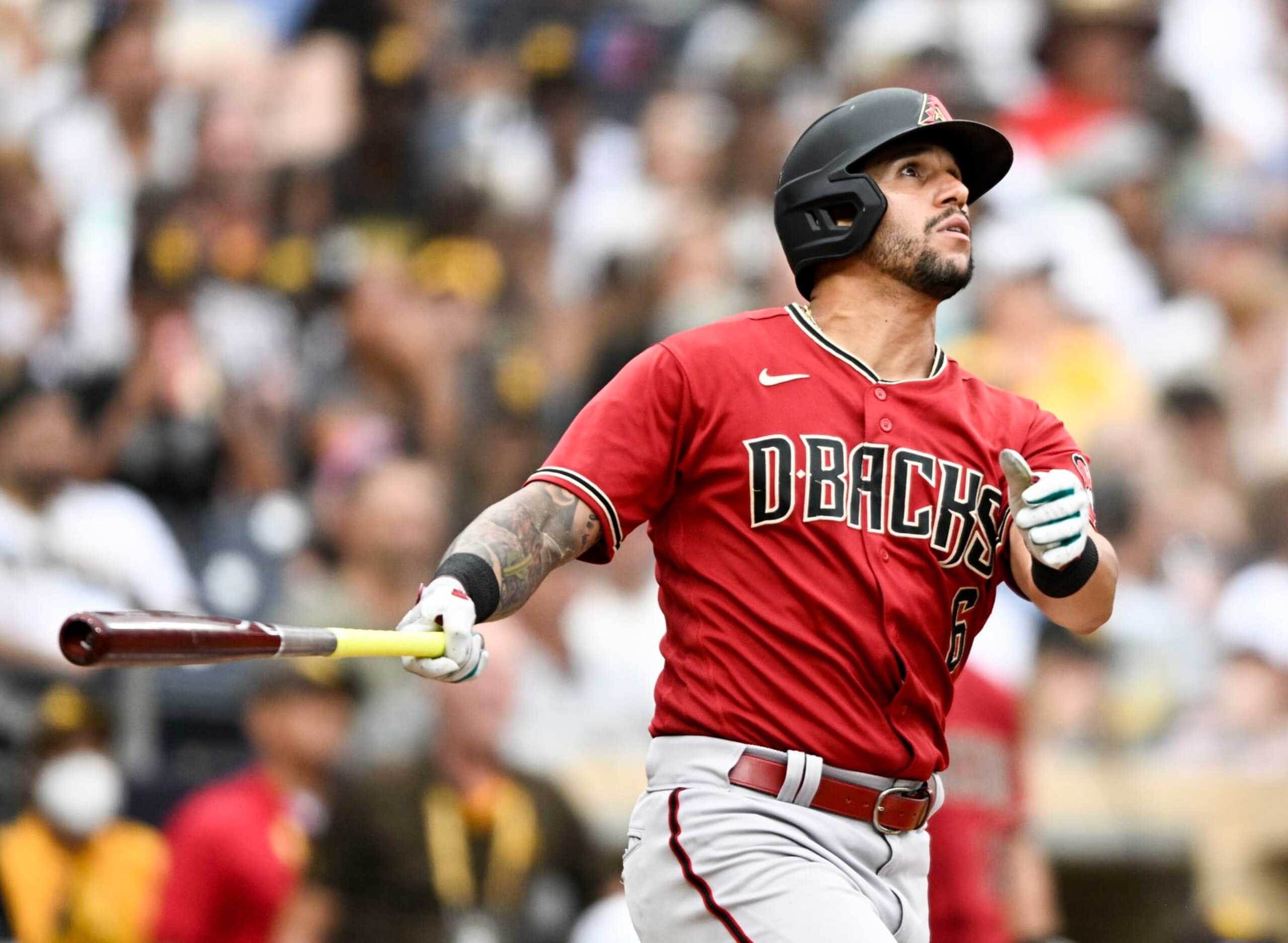 SAN DIEGO, CA - JULY 17: David Peralta #6 of the Arizona Diamondbacks watches the flight of his solo home run during the sixth inning of a baseball game against the San Diego Padres July 17, 2022 at Petco Park in San Diego, California. (Photo by Denis Poroy/Getty Images)