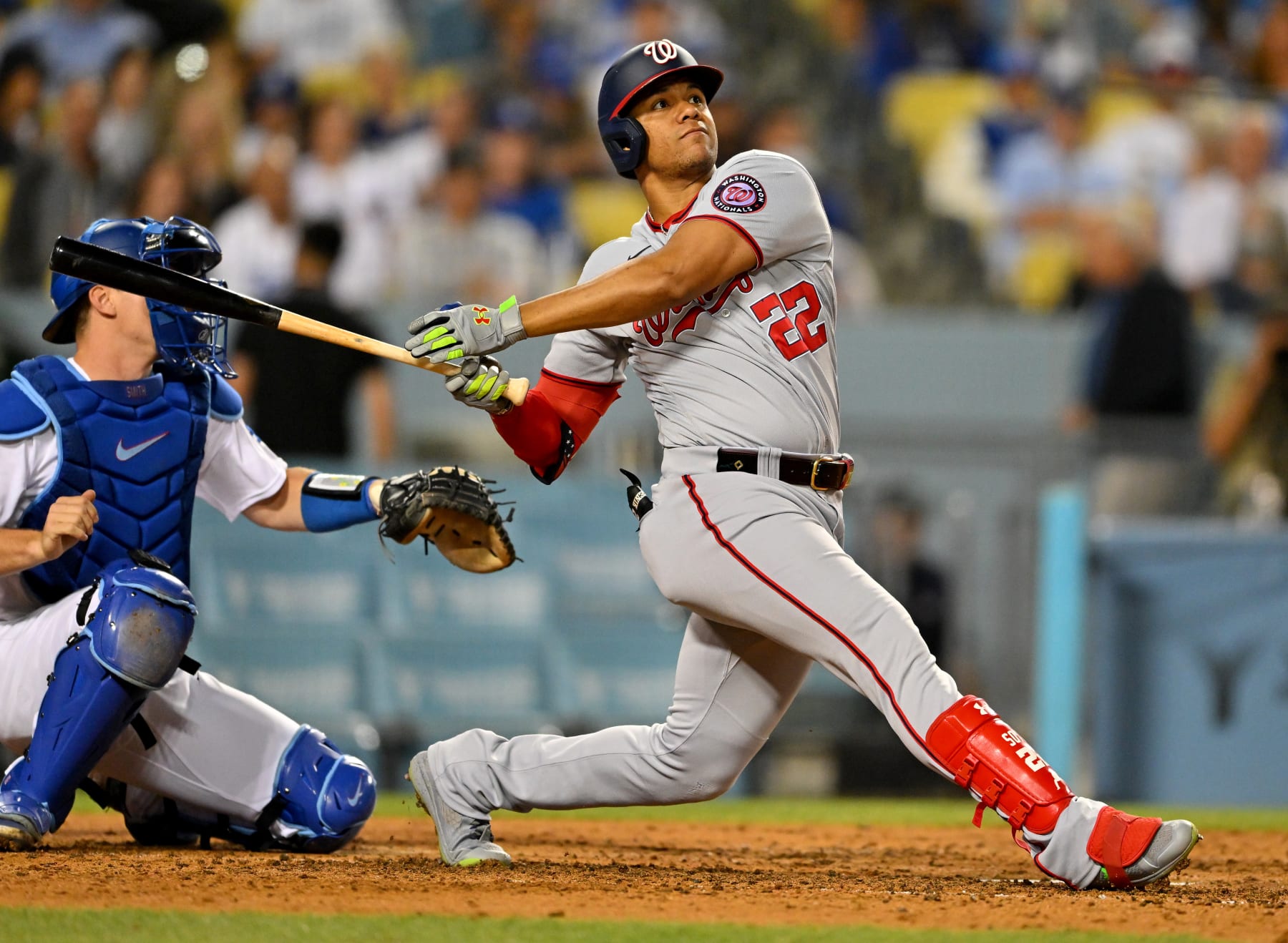 LOS ANGELES, CA - JULY 26: Juan Soto #22 of the Washington Nationals pops out to Gavin Lux #9 of the Los Angeles Dodgers in the fifth inning at Dodger Stadium on July 26, 2022 in Los Angeles, California. (Photo by Jayne Kamin-Oncea/Getty Images)